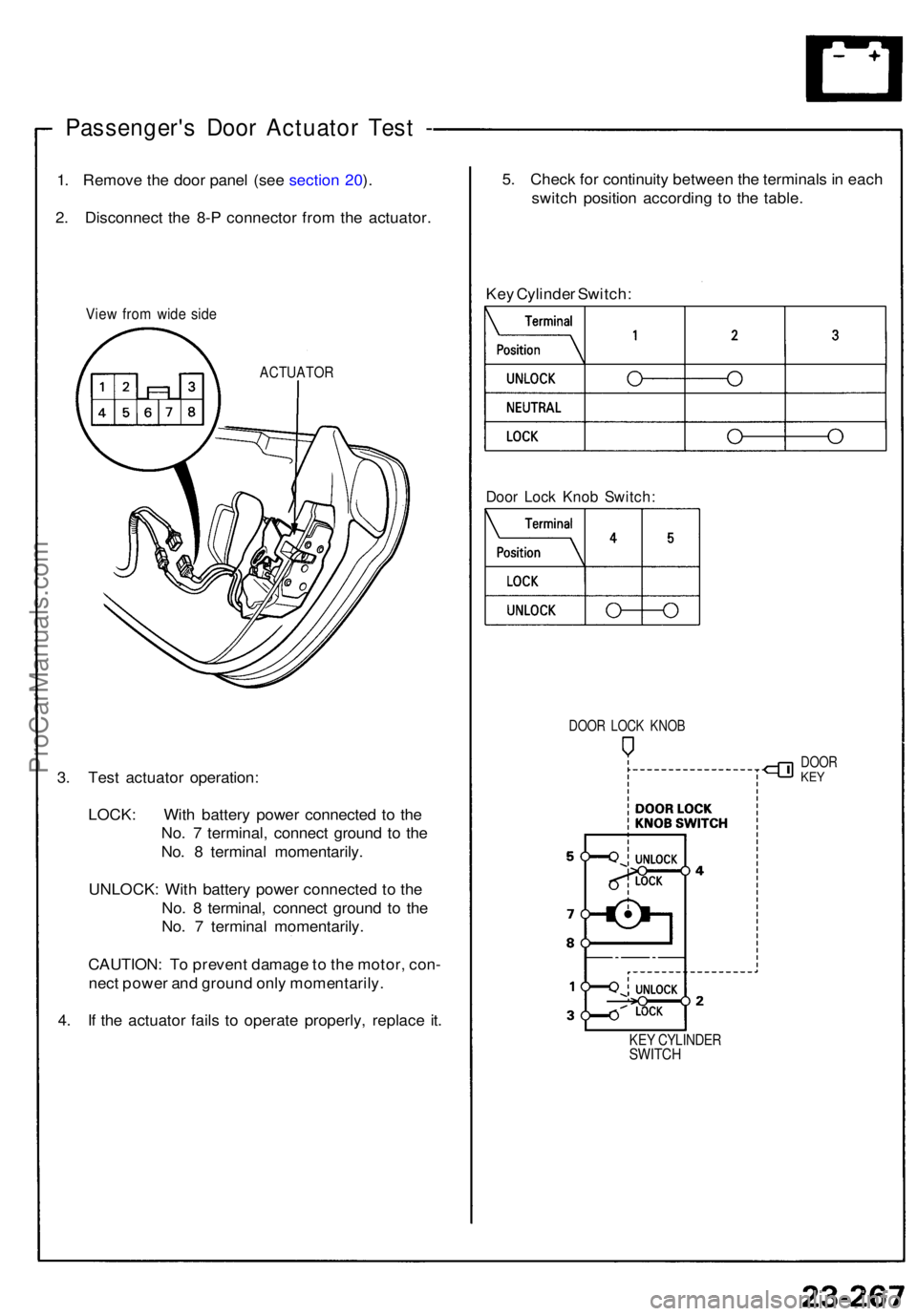 ACURA NSX 1991  Service Repair Manual Passenger's Doo r Actuato r Tes t -
1 . Remov e th e doo r pane l (se e sectio n 20 ).
2 . Disconnec t th e 8- P connecto r fro m th e actuator .
View fro m wid e sid e
ACTUATO R
3. Tes t actuato 
