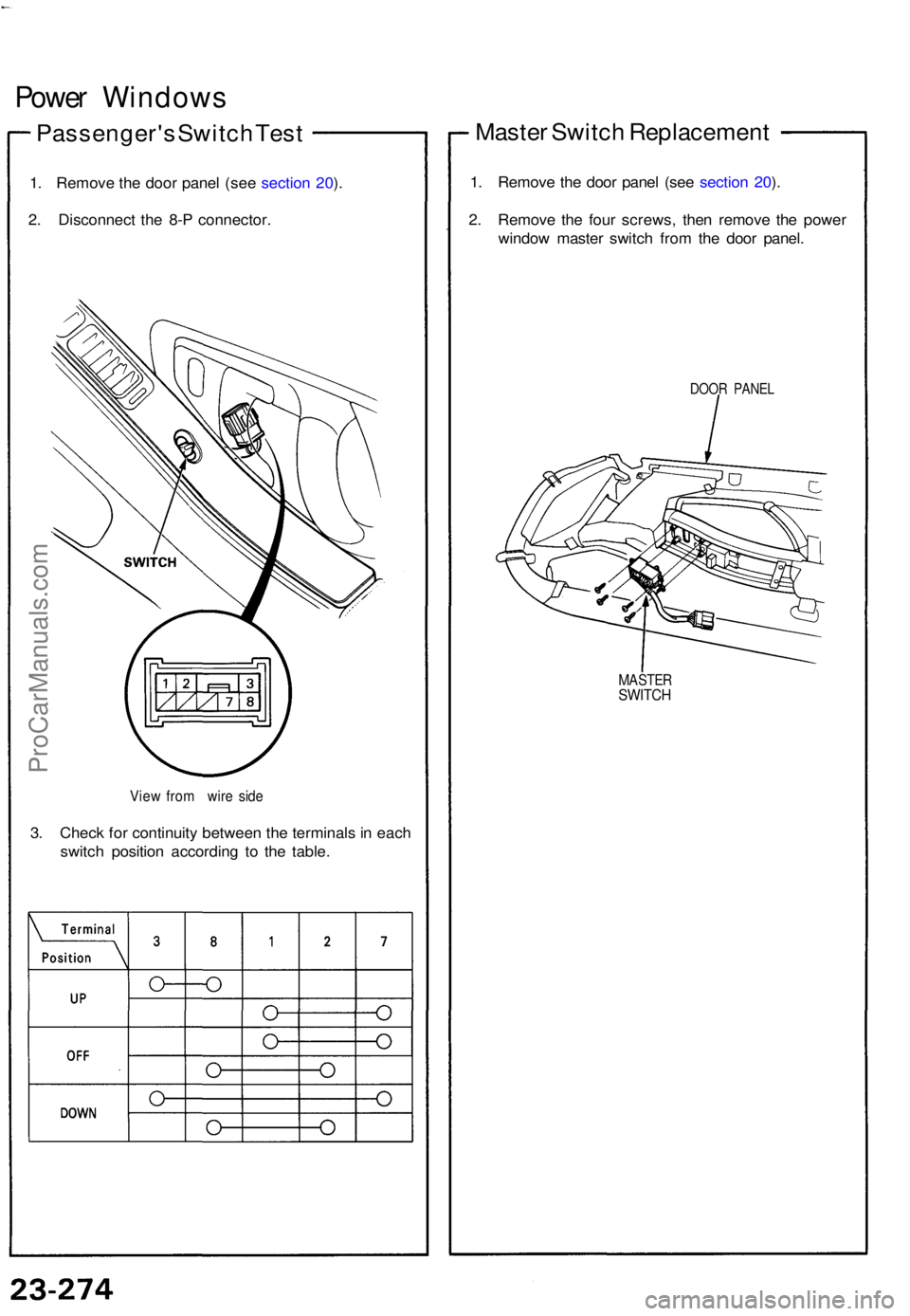 ACURA NSX 1991  Service Repair Manual  Power Window s
Passenger' s Switc h Tes t
1. Remov e th e doo r pane l (se e sectio n 20 ).
2 . Disconnec t th e 8- P connector .
View fro m wir e sid e
3. Chec k fo r continuit y betwee n th e t