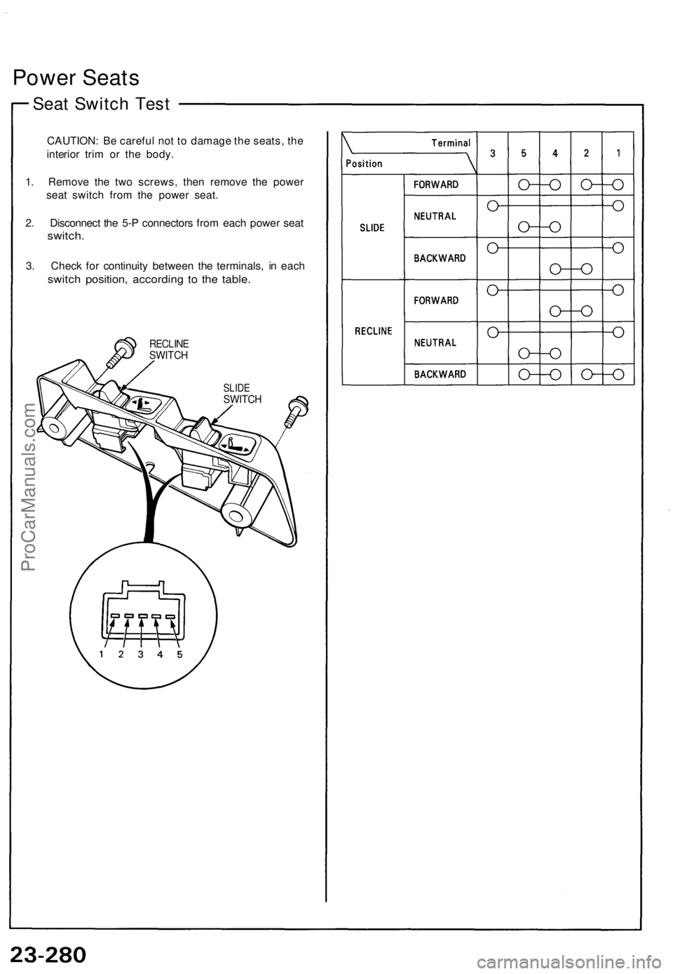 ACURA NSX 1991  Service Repair Manual 
Power Seats

Seat Switch Test

CAUTION: Be careful not to damage the seats, the

interior trim or the body.

1. Remove the two screws, then remove the power

seat switch from the power seat.

2. Disc