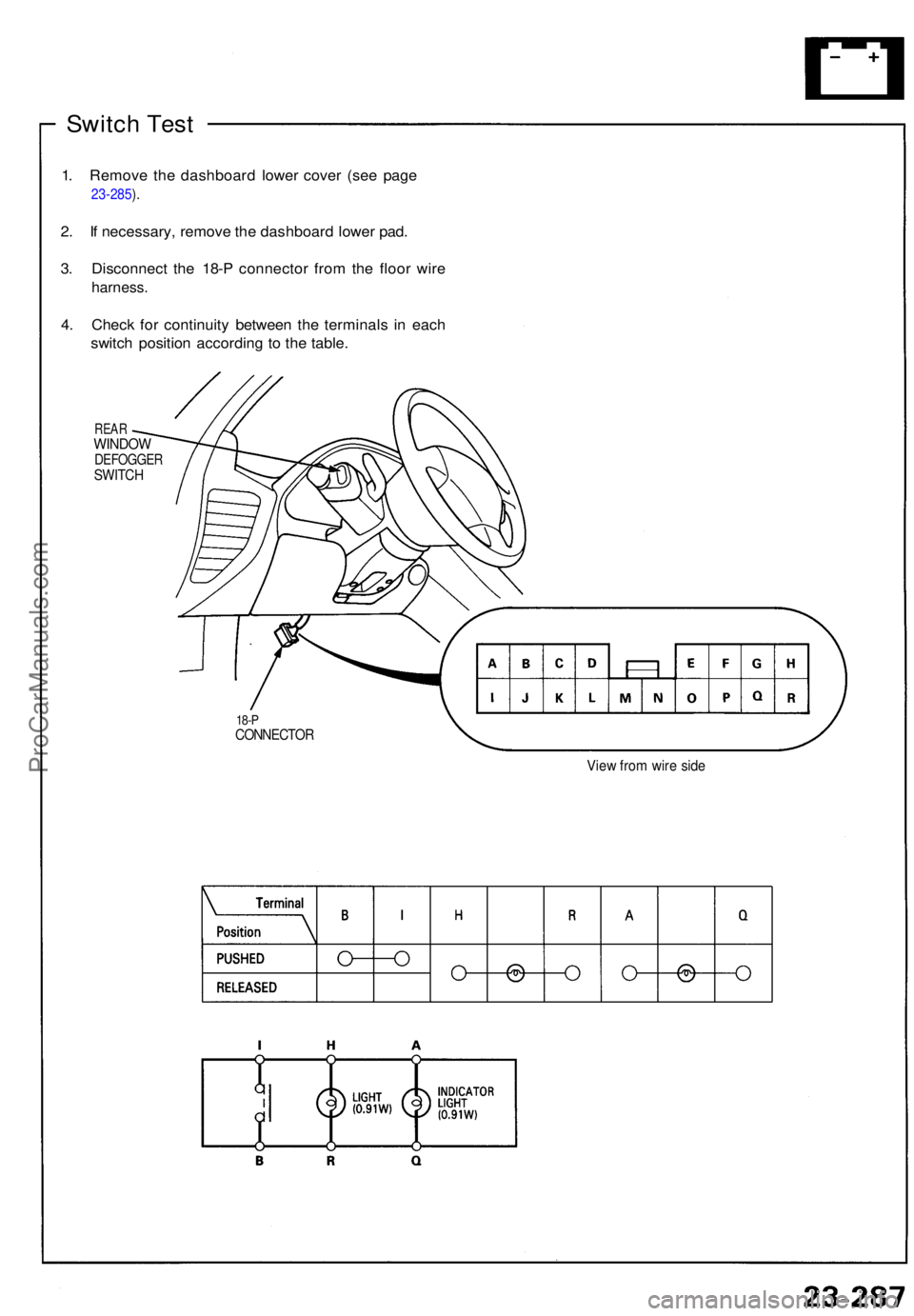 ACURA NSX 1991  Service Repair Manual Switch Tes t
1. Remov e th e dashboar d lowe r cove r (se e pag e 
23-285 ).
2 . I f necessary,  remove th e dashboar d lowe r pad .
3 . Disconnec t th e 18- P connecto r fro m th e floo r wir e
harne