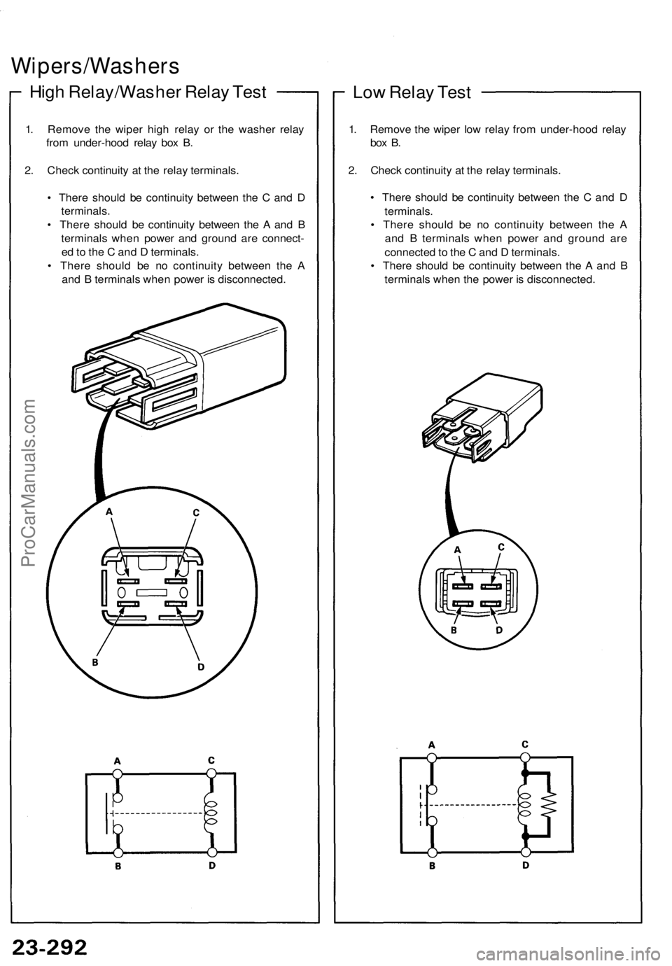 ACURA NSX 1991  Service Repair Manual 
Wipers/Washers

High Relay/Washer Relay Test

1. Remove the wiper high relay or the washer relay

from under-hood relay box B.

2. Check continuity at the relay terminals.

• There should be contin