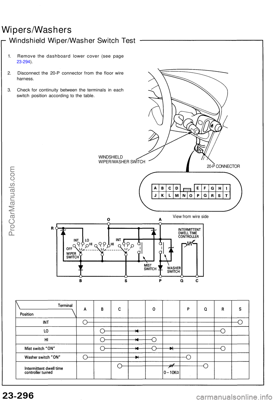 ACURA NSX 1991 Service Repair Manual Wipers/Washers
Windshield Wiper/Washe r Switc h Tes t
1. Remov e th e dashboar d lowe r cove r (se e pag e
23-294 ).
2 . Disconnec t th e 20- P connecto r fro m th e floo r wir e
harness .
3. Chec k f ACURA NSX 1991 Service Repair Manual Wipers/Washers
Windshield Wiper/Washe r Switc h Tes t
1. Remov e th e dashboar d lowe r cove r (se e pag e
23-294 ).
2 . Disconnec t th e 20- P connecto r fro m th e floo r wir e
harness .
3. Chec k f