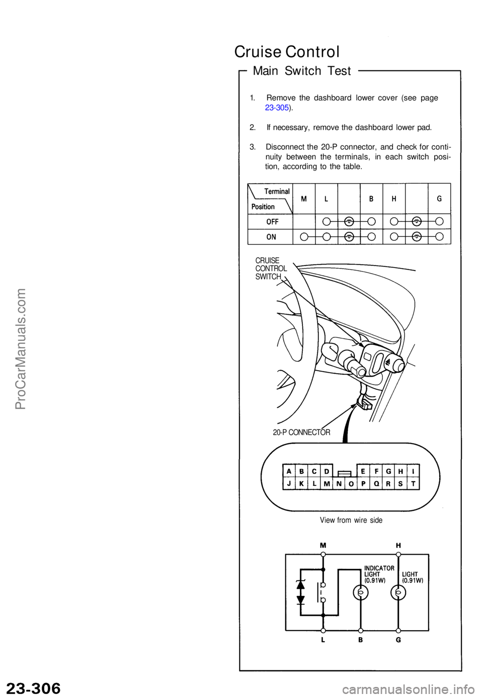 ACURA NSX 1991 Service Repair Manual Cruise Contro l
Main Switc h Tes t
1. Remov e th e dashboar d lowe r cove r (se e page
23-305 ).
2 . I f necessary , remov e th e dashboar d lowe r pad .
3 . Disconnec t th e 20- P connector, and che ACURA NSX 1991 Service Repair Manual Cruise Contro l
Main Switc h Tes t
1. Remov e th e dashboar d lowe r cove r (se e page
23-305 ).
2 . I f necessary , remov e th e dashboar d lowe r pad .
3 . Disconnec t th e 20- P connector, and che
