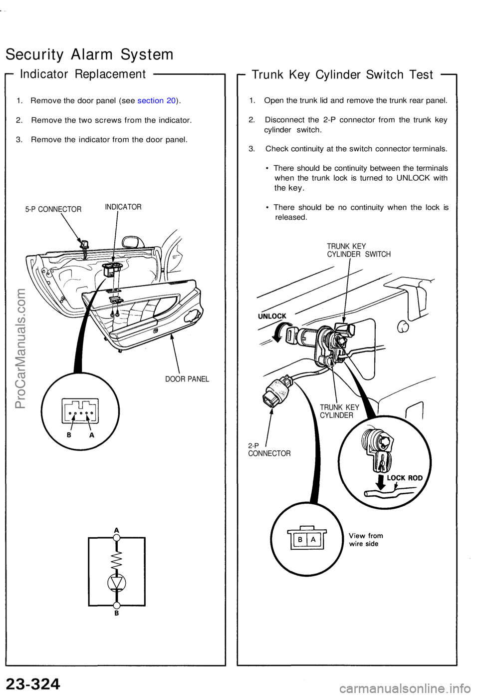 ACURA NSX 1991  Service Repair Manual Security Alar m Syste m
Indicato r Replacemen t
1. Remov e th e doo r pane l (se e sectio n 20 ).
2 . Remov e th e tw o screw s fro m th e indicator .
3 . Remov e th e indicato r fro m th e doo r pane