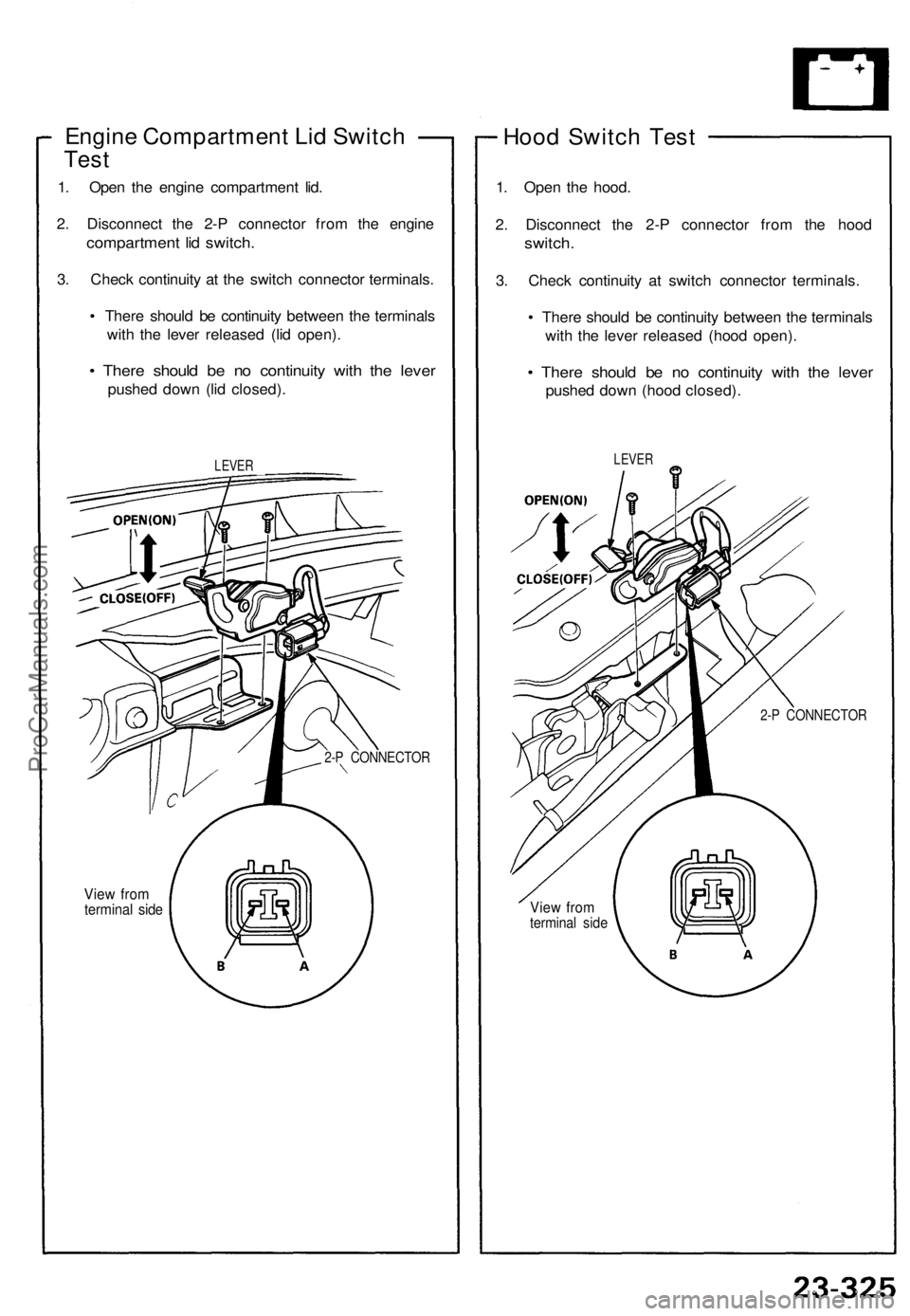 ACURA NSX 1991  Service Repair Manual 
Engine Compartment Lid Switch

Test

1. Open the engine compartment lid.

2. Disconnect the 2-P connector from the engine

compartment lid switch.

3. Check continuity at the switch connector termina