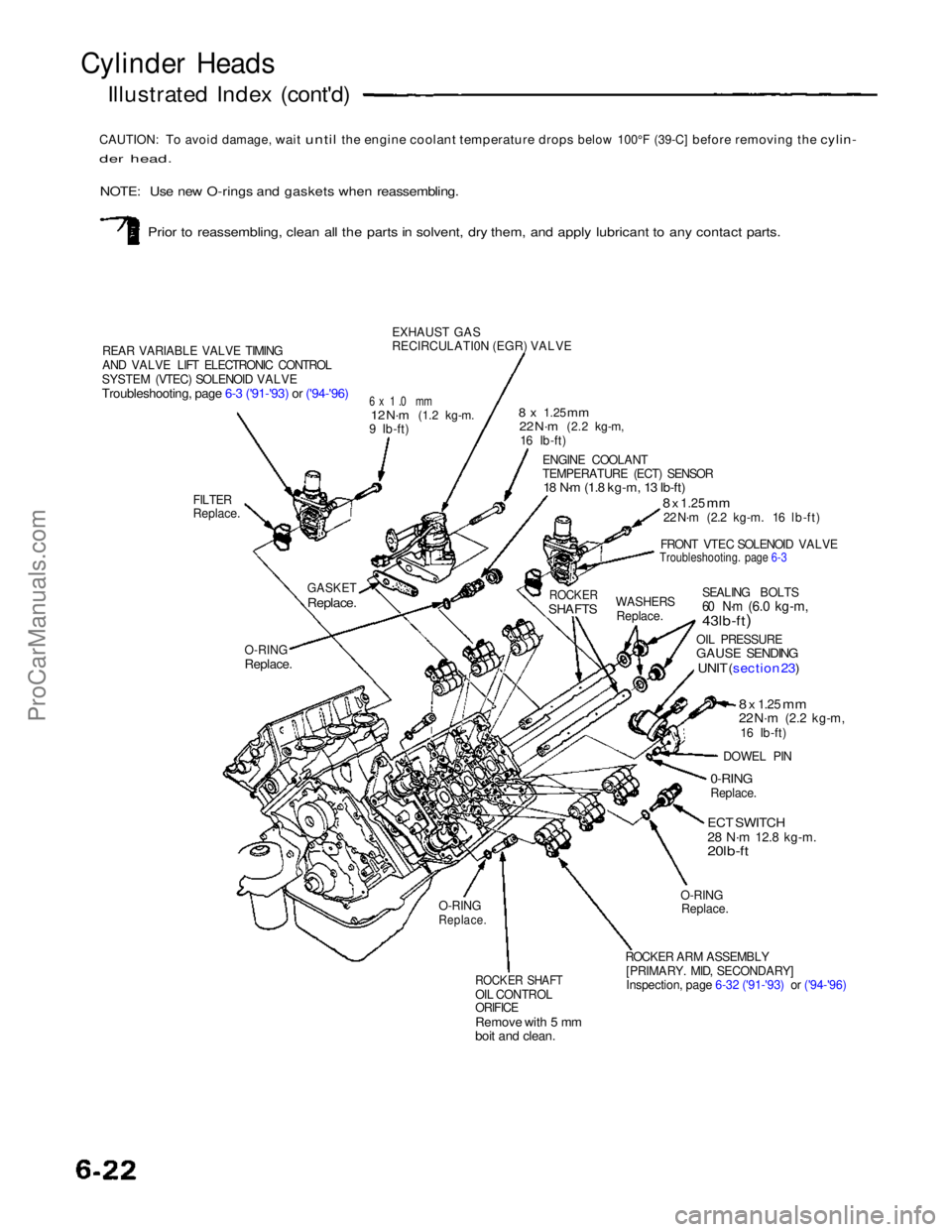 ACURA NSX 1991  Service Owners Manual 
Cylinder Heads

Illustrated Index (cont'd)
CAUTION:
 To
 avoid
 damage,
 wait
 until
 the
 engine
 coolant
 temperature
 drops
 below
 100°F
 (39-C]
 before
 removing
 the
 cylin-

der head.

 N