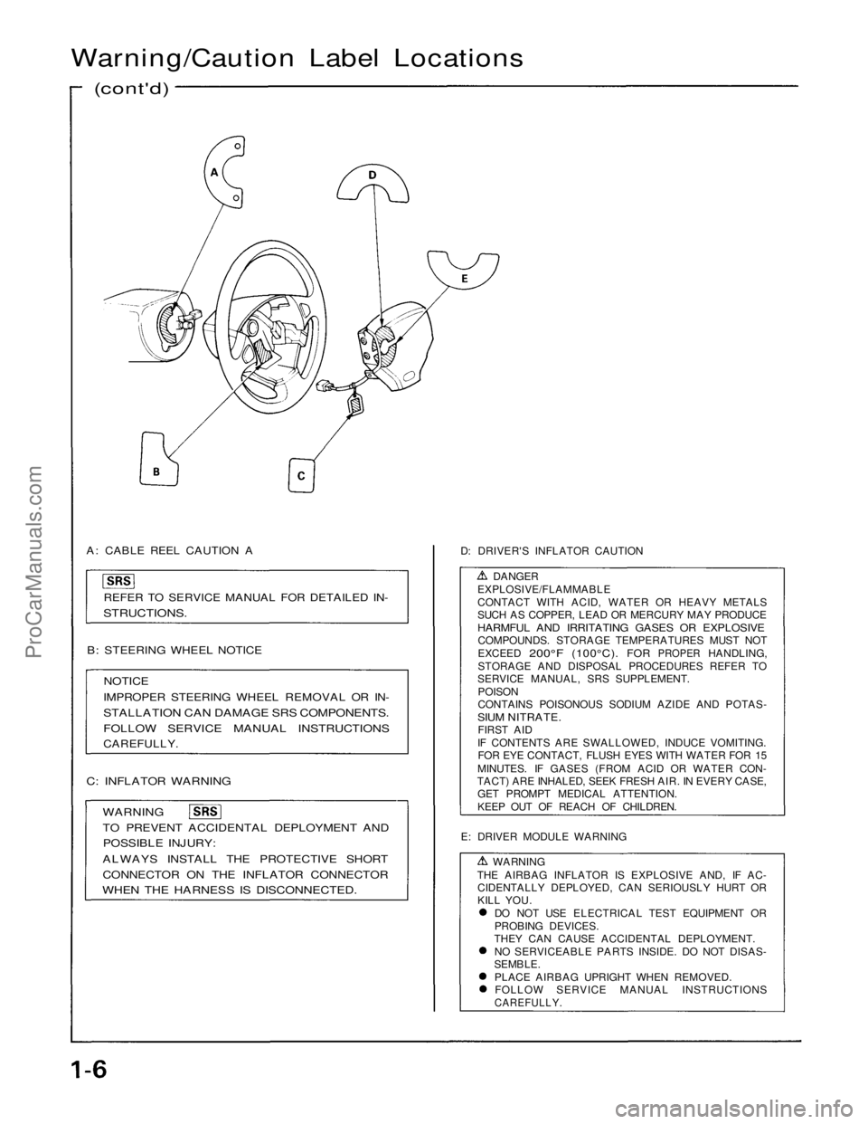 ACURA NSX 1991 Service Repair Manual
Warning/Caution Label Locations
(cont'd)
A: CABLE REEL CAUTION A
REFER TO SERVICE MANUAL FOR DETAILED IN-
STRUCTIONS.
B: STEERING WHEEL NOTICE
NOTICE
IMPROPER STEERING WHEEL REMOVAL OR IN- ACURA NSX 1991 Service Repair Manual
Warning/Caution Label Locations
(cont'd)
A: CABLE REEL CAUTION A
REFER TO SERVICE MANUAL FOR DETAILED IN-
STRUCTIONS.
B: STEERING WHEEL NOTICE
NOTICE
IMPROPER STEERING WHEEL REMOVAL OR IN-