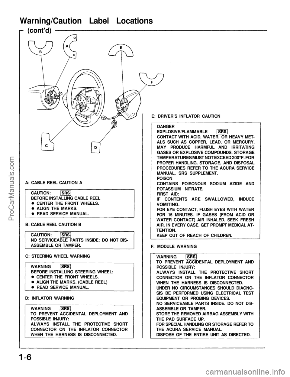 ACURA NSX 1991 Service Repair Manual
Warning/Caution Label Locations
(cont'd)
A: CABLE REEL CAUTION A CAUTION:
BEFORE INSTALLING CABLE REEL
B: CABLE REEL CAUTION B
CAUTION:
NO SERVICEABLE PARTS INSIDE; DO NOT DIS-
ASSEMBLE OR TAMPE ACURA NSX 1991 Service Repair Manual
Warning/Caution Label Locations
(cont'd)
A: CABLE REEL CAUTION A CAUTION:
BEFORE INSTALLING CABLE REEL
B: CABLE REEL CAUTION B
CAUTION:
NO SERVICEABLE PARTS INSIDE; DO NOT DIS-
ASSEMBLE OR TAMPE