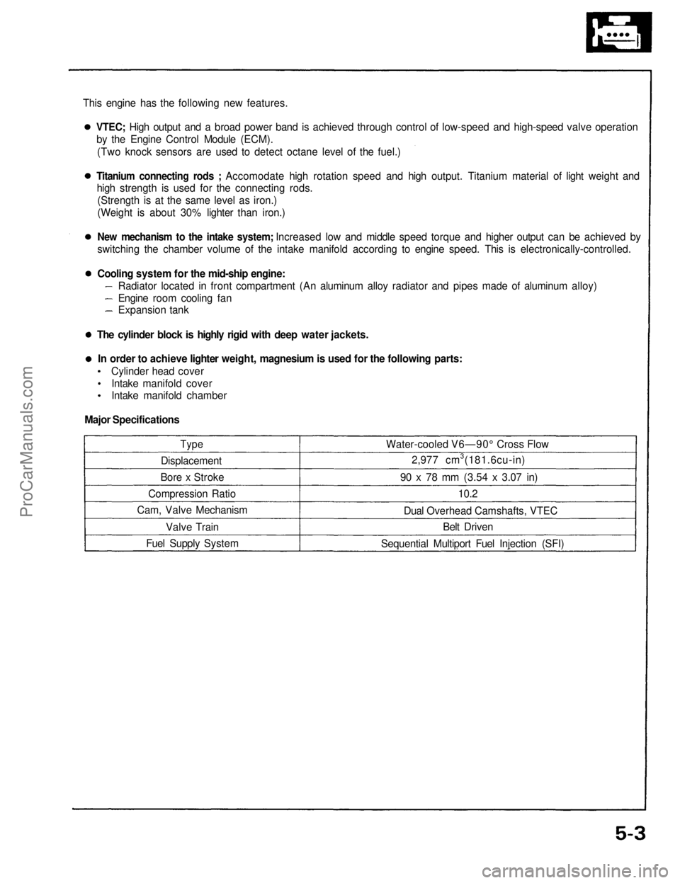 ACURA NSX 1991 Service Repair Manual
This engine has the following new features.
Type
Displacement
Bore x Stroke
Compression Ratio
Cam, Valve Mechanism
Valve Train
Fuel Supply System Water-cooled V6—90° Cross Flow
2,977 cm3(181.6cu ACURA NSX 1991 Service Repair Manual
This engine has the following new features.
Type
Displacement
Bore x Stroke
Compression Ratio
Cam, Valve Mechanism
Valve Train
Fuel Supply System Water-cooled V6—90° Cross Flow
2,977 cm3(181.6cu