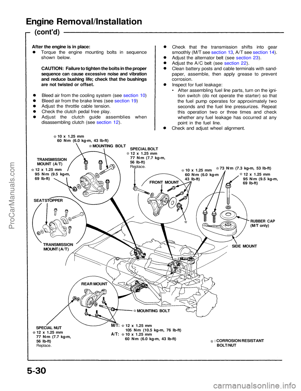 ACURA NSX 1991  Service Repair Manual 
Engine Removal/Installation

(cont'd)

Torque the engine mounting bolts in sequenceshown below.
CAUTION: Failure to tighten the bolts in the proper

sequence can cause excessive noise and vibrati