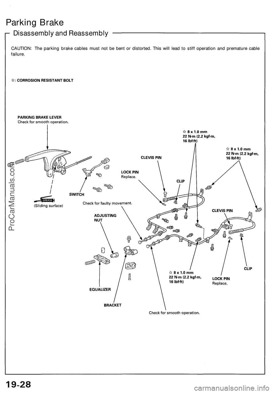 ACURA NSX 1997 Service Repair Manual
Disassembly and Reassembly
Parking Brake
CAUTION: The parking brake cables must not be bent or distorted. This will lead to stiff operation and premature cable
failure.ProCarManuals.com ACURA NSX 1997 Service Repair Manual
Disassembly and Reassembly
Parking Brake
CAUTION: The parking brake cables must not be bent or distorted. This will lead to stiff operation and premature cable
failure.ProCarManuals.com