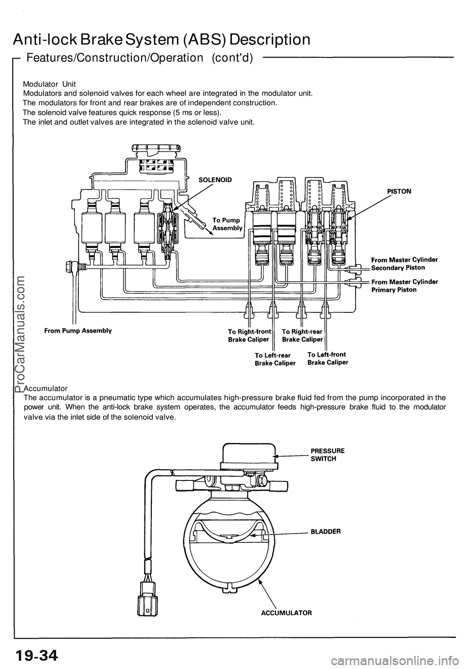 ACURA NSX 1997 Service Repair Manual
Accumulator
The accumulator is a pneumatic type which accumulates high-pressure brake fluid fed from the pump incorporated in the
power unit. When the anti-lock brake system operates, the accumulat ACURA NSX 1997 Service Repair Manual
Accumulator
The accumulator is a pneumatic type which accumulates high-pressure brake fluid fed from the pump incorporated in the
power unit. When the anti-lock brake system operates, the accumulat