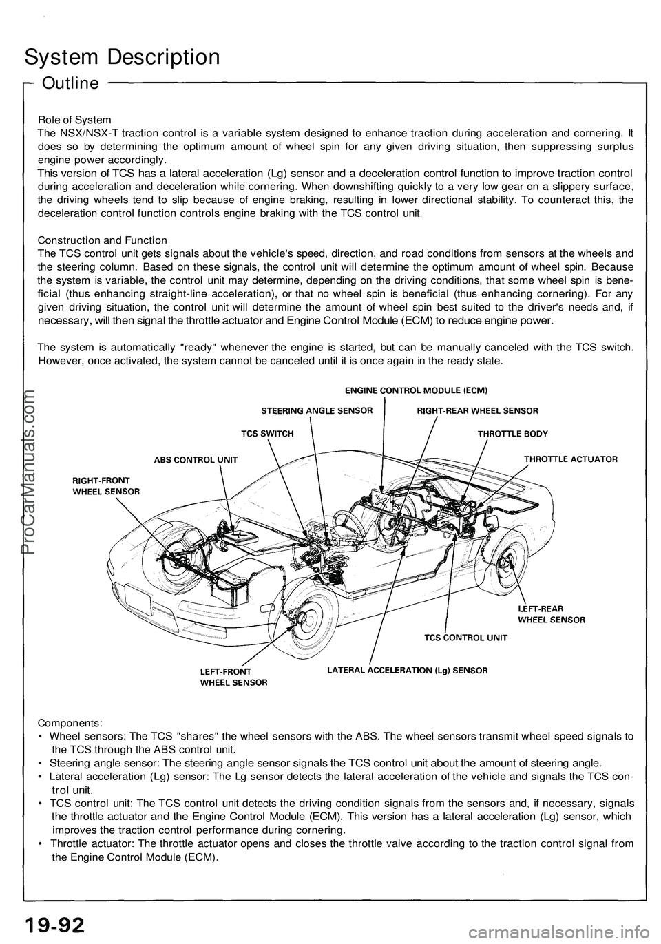 ACURA NSX 1997 Service Manual PDF
Outline
System Description
Role of System
The NSX/NSX-T traction control is a variable system designed to enhance traction during acceleration and cornering. It
does so by determining the optimum ACURA NSX 1997 Service Manual PDF
Outline
System Description
Role of System
The NSX/NSX-T traction control is a variable system designed to enhance traction during acceleration and cornering. It
does so by determining the optimum