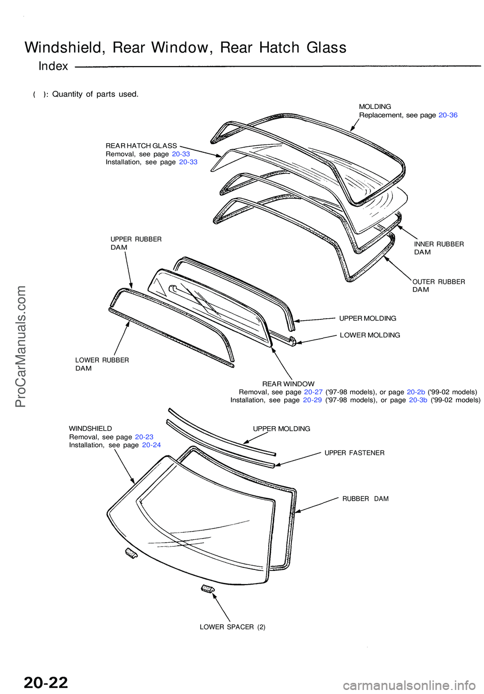ACURA NSX 1997 Service Repair Manual Windshield, Rea r Window , Rea r Hatc h Glas s
Index
Quantit y o f part s used .
REAR HATC H GLAS S
Removal , se e pag e 20-3 3
Installation , se e pag e 20-3 3
UPPE R RUBBE RDAM
LOWE R RUBBE RDAM
WIN ACURA NSX 1997 Service Repair Manual Windshield, Rea r Window , Rea r Hatc h Glas s
Index
Quantit y o f part s used .
REAR HATC H GLAS S
Removal , se e pag e 20-3 3
Installation , se e pag e 20-3 3
UPPE R RUBBE RDAM
LOWE R RUBBE RDAM
WIN