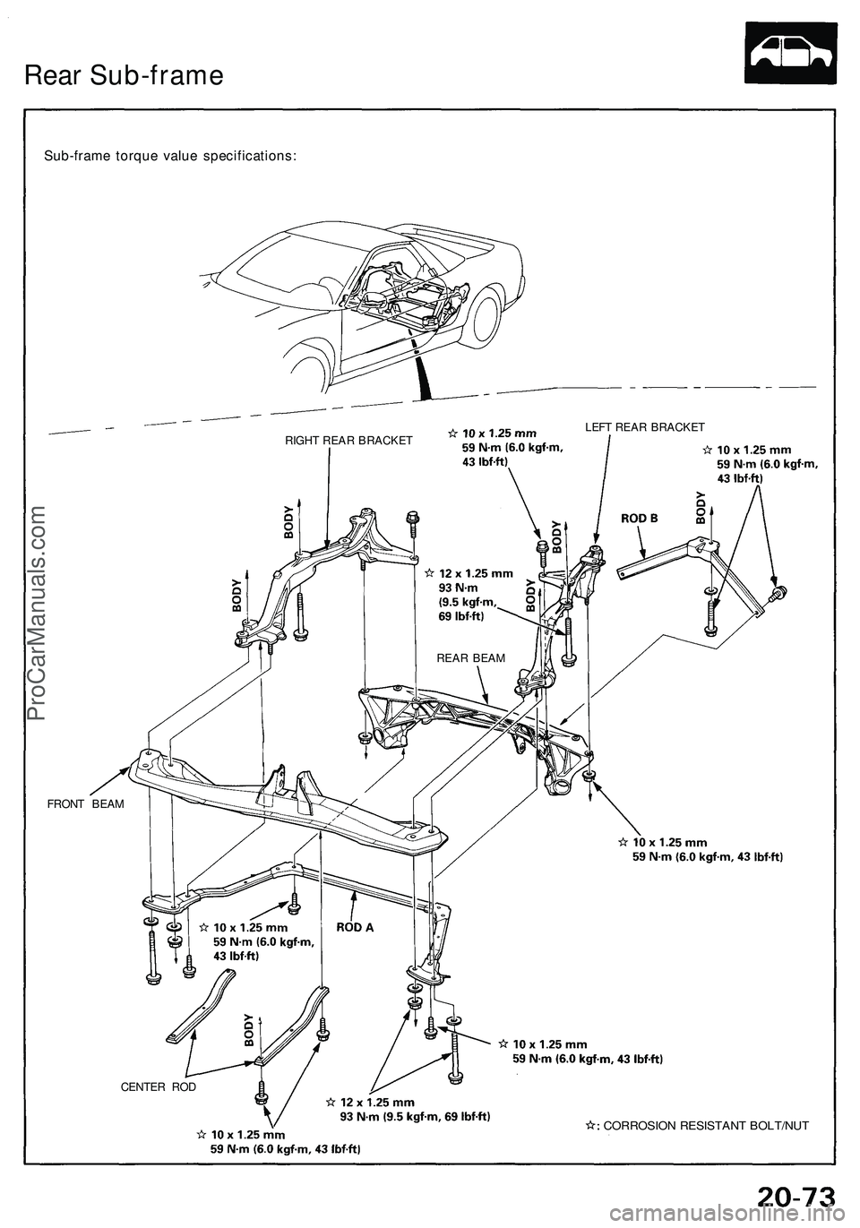 ACURA NSX 1997  Service Repair Manual 
Rear Sub-frame

Sub-frame torque value specifications:

RIGHT REAR BRACKET 
LEFT REAR BRACKET

FRONT BEAM

CENTER ROD

CORROSION RESISTANT BOLT/NUT
REAR BEAMProCarManuals.com 