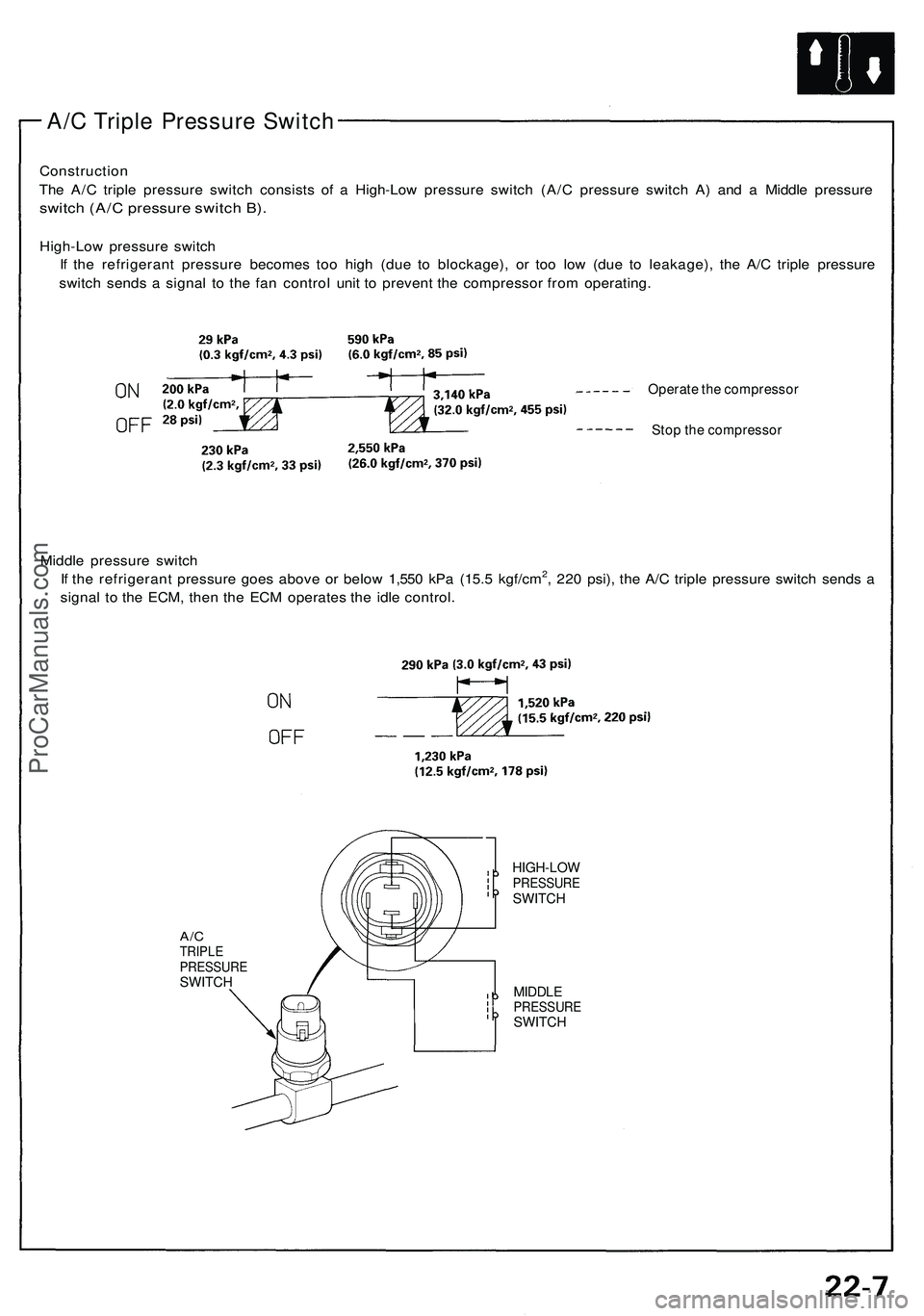 ACURA NSX 1997  Service Repair Manual 
A/C Triple Pressure Switch

Construction

The A/C triple pressure switch consists of a High-Low pressure switch (A/C pressure switch A) and a Middle pressure

switch (A/C pressure switch B).

High-Lo