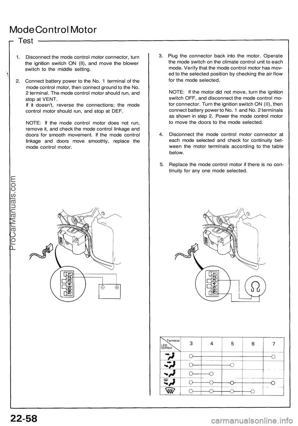 ACURA NSX 1997  Service Repair Manual 
Mode Control Motor

Test

1. Disconnect the mode control motor connector, turn

the ignition switch ON (II), and move the blower

switch to the middle setting.

2. Connect battery power to the No. 1 