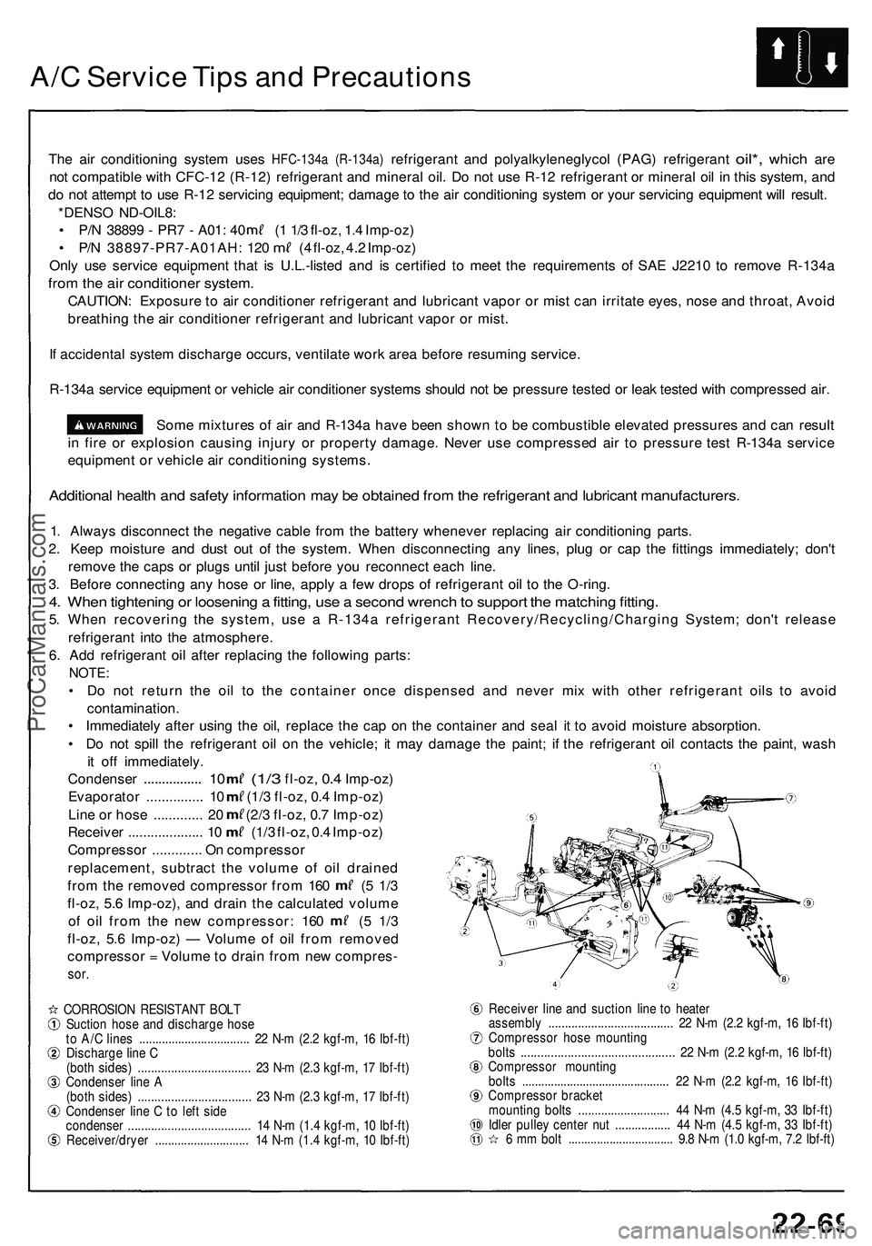 ACURA NSX 1997  Service Repair Manual A/C Servic e Tip s an d Precaution s
The ai r conditionin g syste m use s HFC-134 a (R-134a ) refrigeran t and polyalkyleneglyco l (PAG ) refrigeran t oil*, whic h are
not compatibl e wit h CFC-1 2 (R