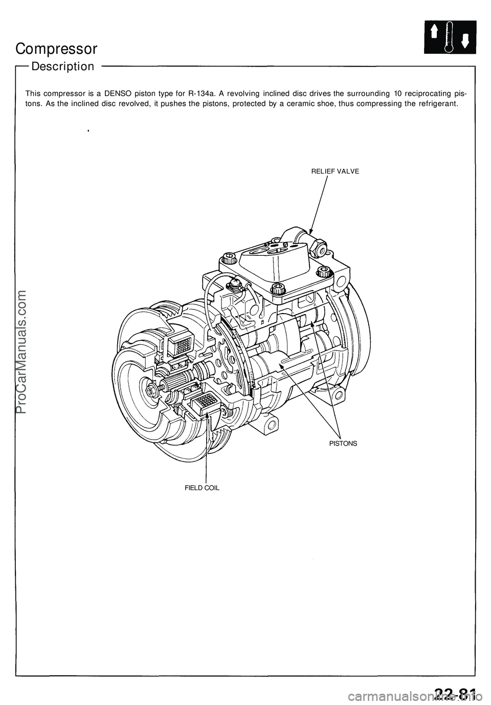 ACURA NSX 1997 Service Repair Manual Compressor
Description
This compresso r i s a DENS O pisto n typ e fo r R-134a . A revolvin g incline d dis c drive s th e surroundin g 1 0 reciprocatin g pis -
tons . A s th e incline d dis c revol ACURA NSX 1997 Service Repair Manual Compressor
Description
This compresso r i s a DENS O pisto n typ e fo r R-134a . A revolvin g incline d dis c drive s th e surroundin g 1 0 reciprocatin g pis -
tons . A s th e incline d dis c revol