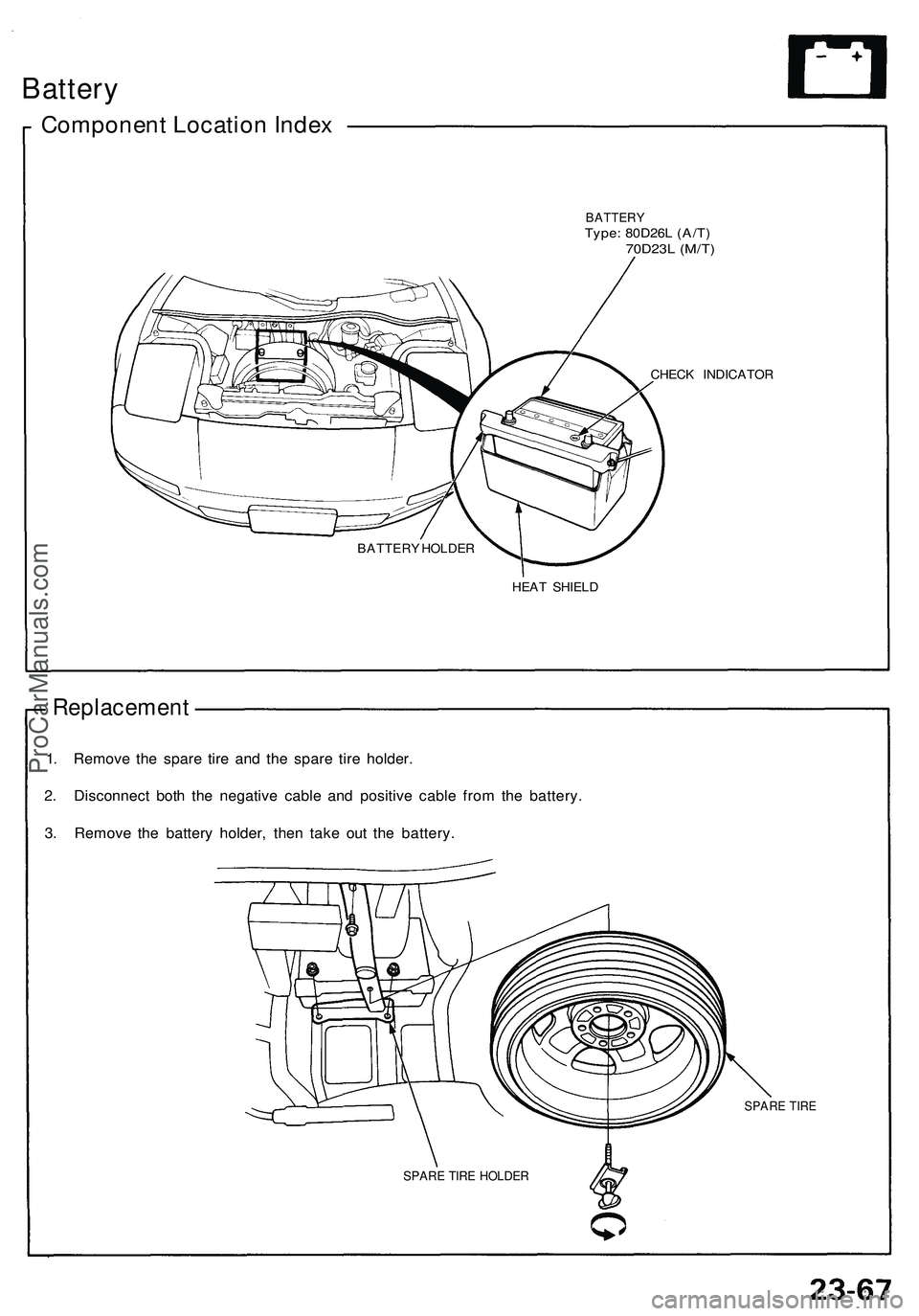 ACURA NSX 1997  Service Repair Manual 
Battery

Component Location Index

BATTERY

Type: 80D26L (A/T)

70D23L (M/T)

CHECK INDICATOR

HEAT SHIELD

Replacement

1. Remove the spare tire and the spare tire holder.

2. Disconnect both the ne