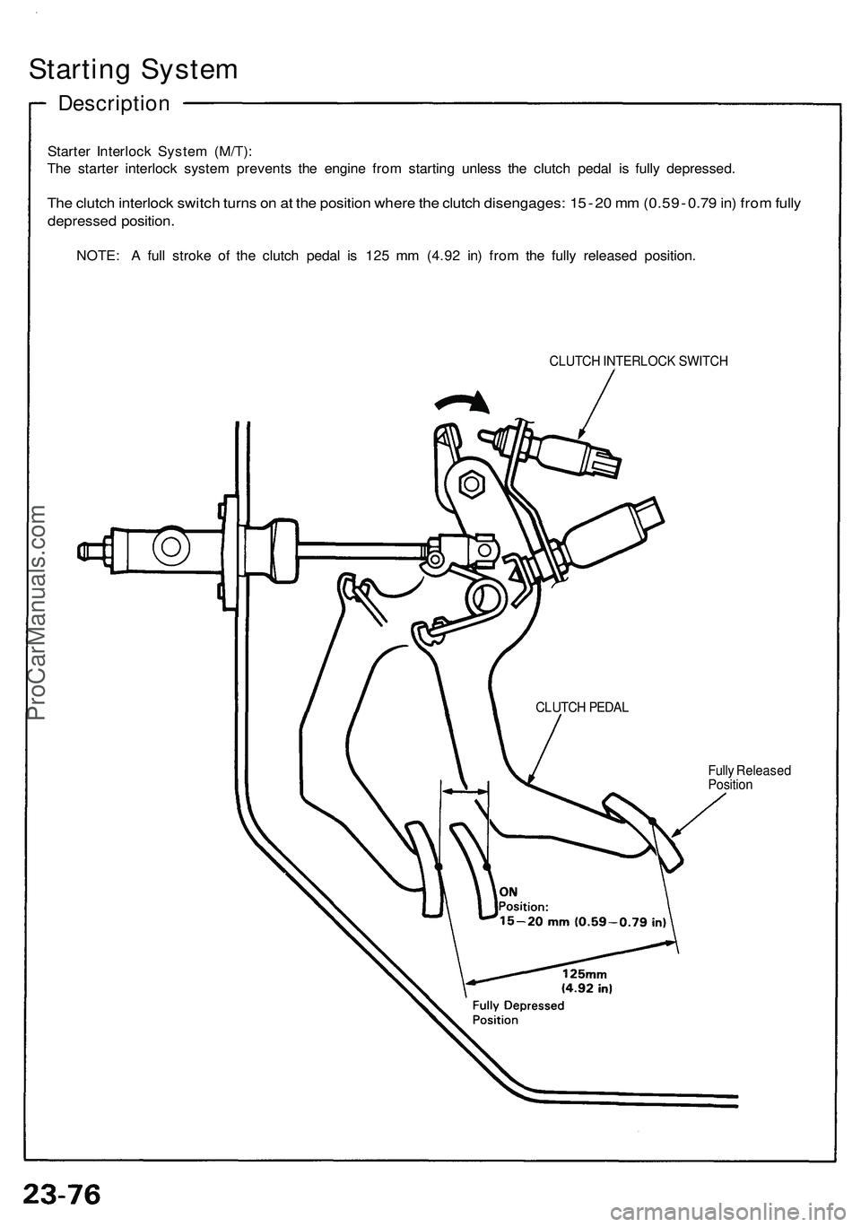 ACURA NSX 1997  Service Repair Manual Starting Syste m
Descriptio n
Starter Interloc k Syste m (M/T) :
Th e starte r interloc k syste m prevent s th e engin e fro m startin g unles s th e clutc h peda l i s full y depressed .
The clutc h 