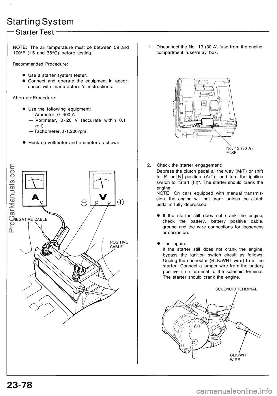 ACURA NSX 1997  Service Repair Manual Starting Syste m
Starte r Tes t
NOTE : Th e ai r temperatur e mus t b e betwee n 5 9 an d
100° F (1 5 an d 38°C ) befor e testing .
Recommende d Procedure :
Use a  starte r syste m tester .
Connec t