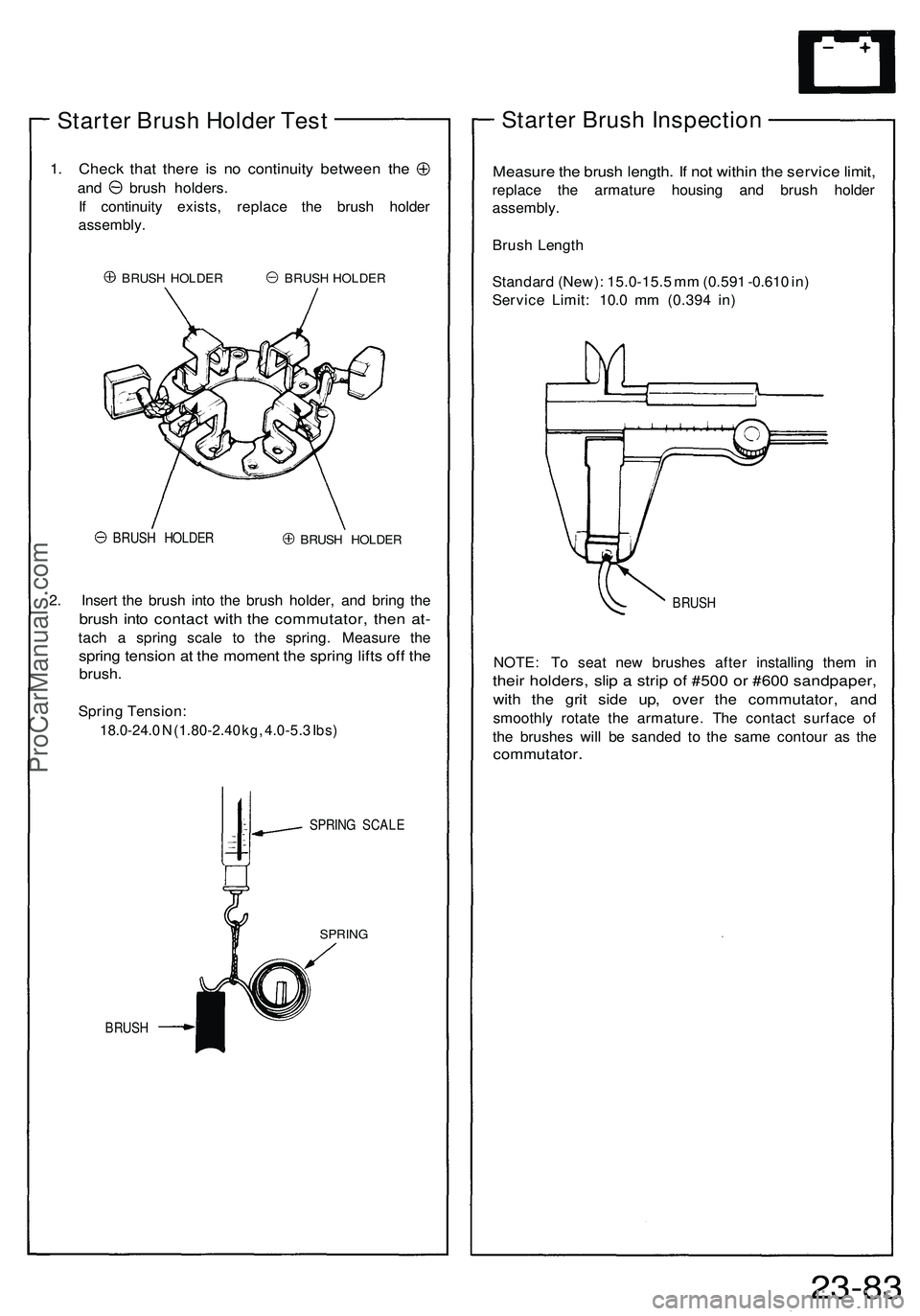 ACURA NSX 1997  Service Repair Manual Starter Brus h Holde r Tes t
1. Chec k tha t ther e i s n o continuit y betwee n th e
and brus h holders .
I f  continuit y exists , replac e th e brus h holde r
assembly .
BRUSH HOLDE R BRUSH HOLDE R
