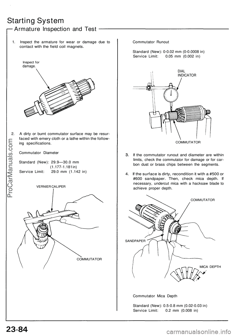 ACURA NSX 1997  Service Repair Manual Starting Syste m
Armatur e Inspectio n an d Tes t
1. Inspec t th e armatur e fo r wea r o r damag e du e t o
contac t wit h th e fiel d coi l magnets .
Inspect fo rdamage .
2. A  dirty o r burn t comm