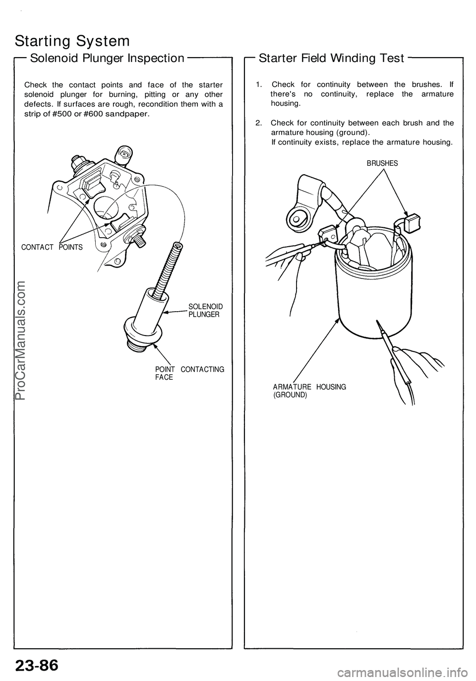 ACURA NSX 1997  Service Repair Manual 
Starting System

Solenoid Plunger Inspection

Check the contact points and face of the starter

solenoid plunger for burning, pitting or any other

defects. If surfaces are rough, recondition them wi