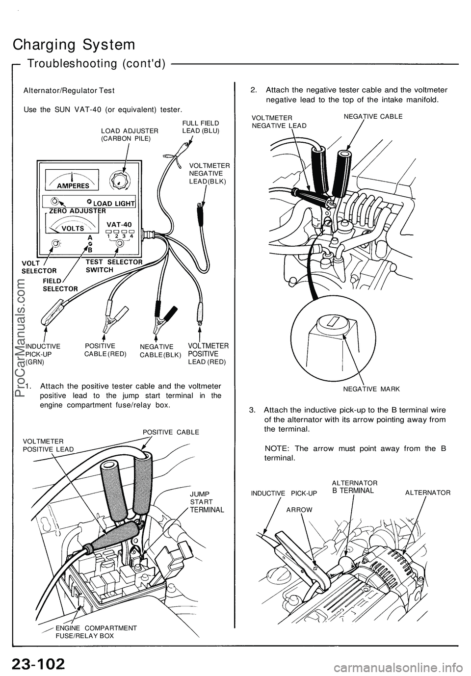 ACURA NSX 1997 Service Repair Manual
Charging System
Troubleshooting (cont'd)
Alternator/Regulator Test
Use the SUN VAT-40 (or equivalent) tester.
LOAD ADJUSTER
(CARBON PILE)
FULL FIELD
LEAD (BLU)
VOLTMETER
NEGATIVE
LEAD ( ACURA NSX 1997 Service Repair Manual
Charging System
Troubleshooting (cont'd)
Alternator/Regulator Test
Use the SUN VAT-40 (or equivalent) tester.
LOAD ADJUSTER
(CARBON PILE)
FULL FIELD
LEAD (BLU)
VOLTMETER
NEGATIVE
LEAD (