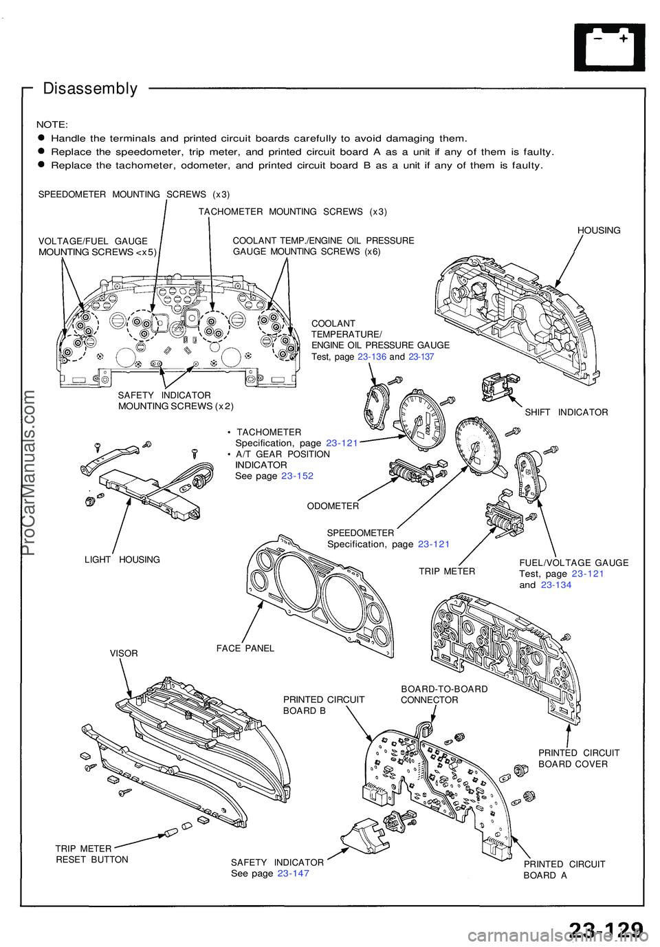 ACURA NSX 1997  Service Repair Manual Disassembly
NOTE:
Handle th e terminal s an d printe d circui t board s carefull y t o avoi d damagin g them .
Replac e th e speedometer , tri p meter , an d printe d circui t boar d A  as a  uni t i 
