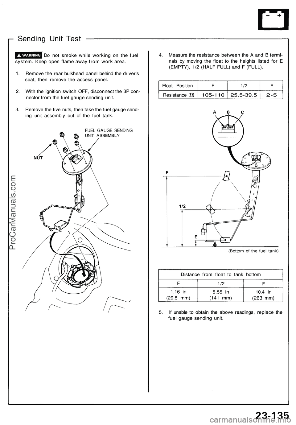 ACURA NSX 1997  Service Repair Manual Sending Uni t Tes t
 Do no t smok e whil e workin g o n th e fue l
system . Kee p ope n flam e awa y fro m wor k area .
1 . Remov e th e rea r bulkhea d pane l behin d th e driver' s
seat , the n 
