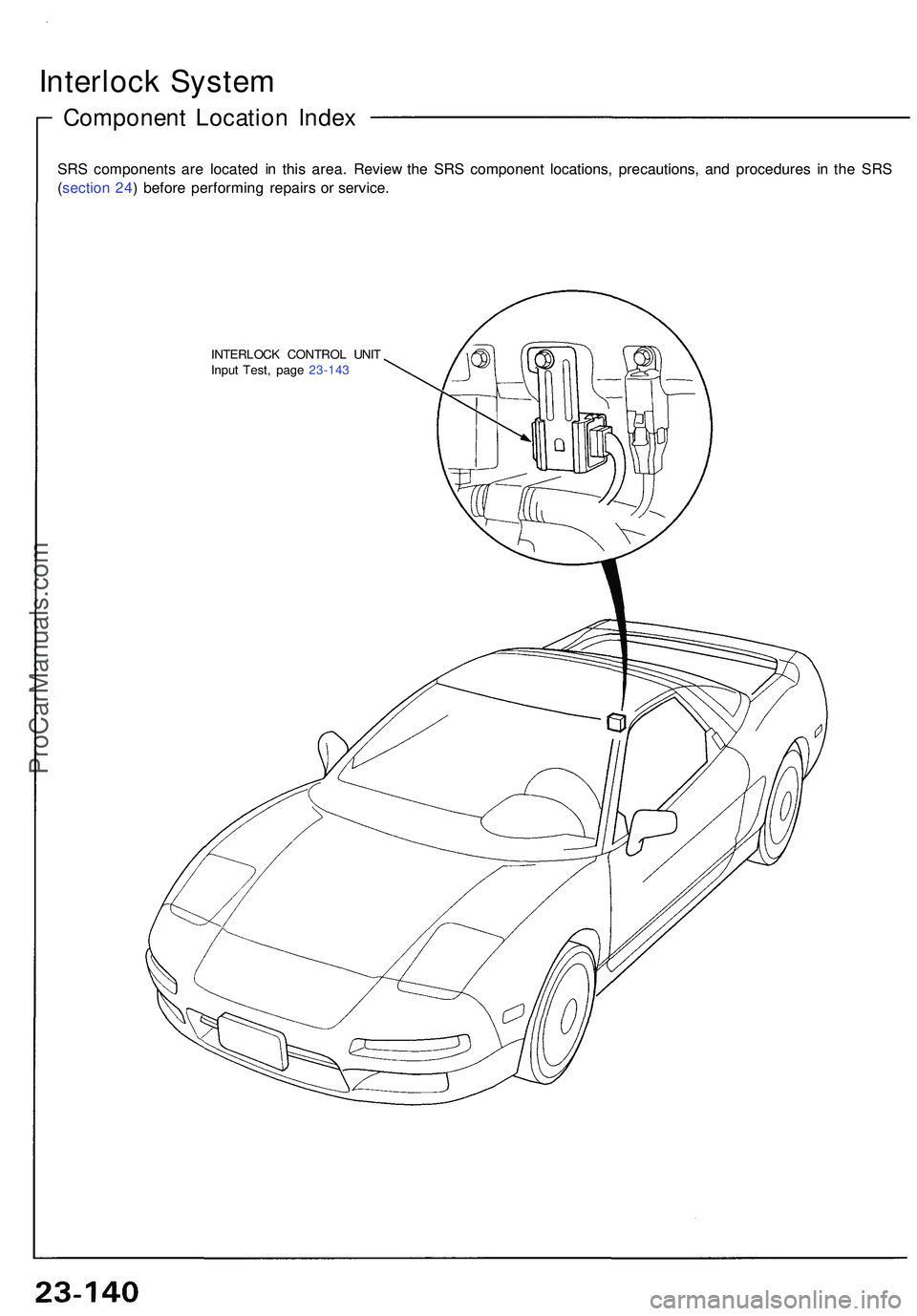 ACURA NSX 1997  Service Repair Manual Interlock Syste m
Componen t Locatio n Inde x
SRS component s ar e locate d i n thi s area . Revie w th e SR S componen t locations , precautions , an d procedure s i n th e SR S
( sectio n 24 ) befor