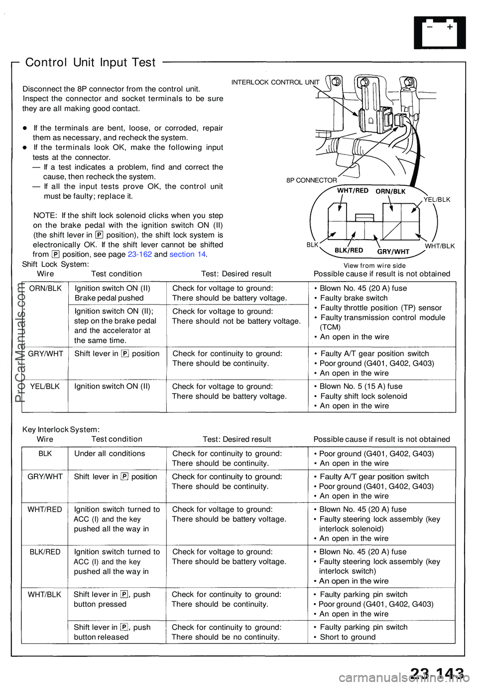 ACURA NSX 1997  Service Repair Manual Control Uni t Inpu t Tes t
INTERLOC K CONTRO L UNI TDisconnec t th e 8 P connecto r fro m th e contro l unit .
Inspec t th e connecto r an d socke t terminal s t o b e sur e
the y ar e al l makin g go