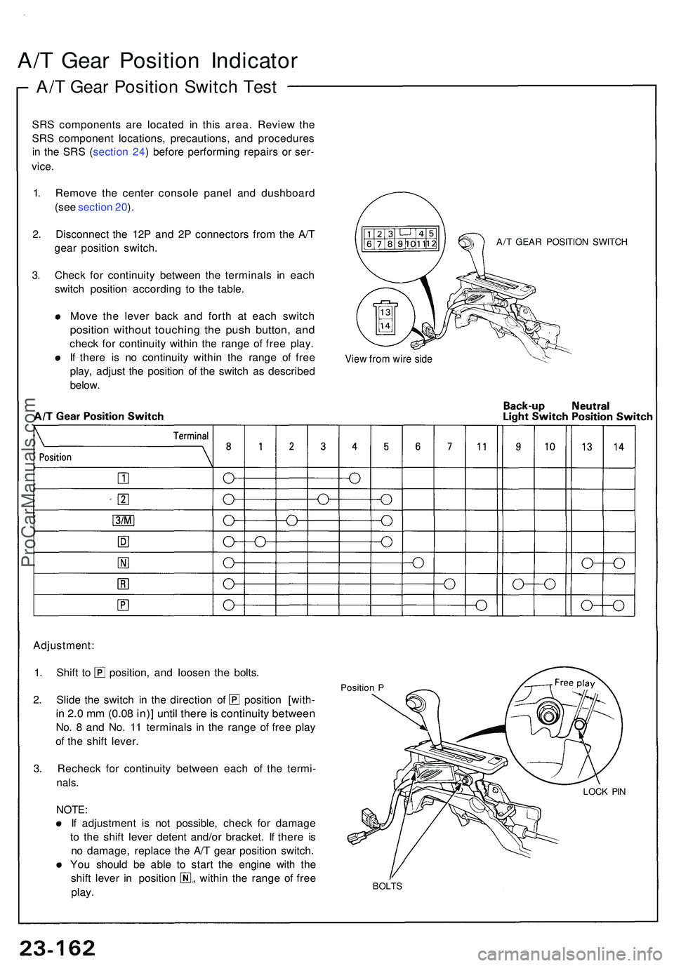 ACURA NSX 1997  Service Repair Manual A/T Gea r Positio n Indicato r
A/T Gea r Positio n Switc h Tes t
SRS component s ar e locate d i n thi s area . Revie w th e
SR S componen t locations , precautions , an d procedure s
i n  th e SR S (