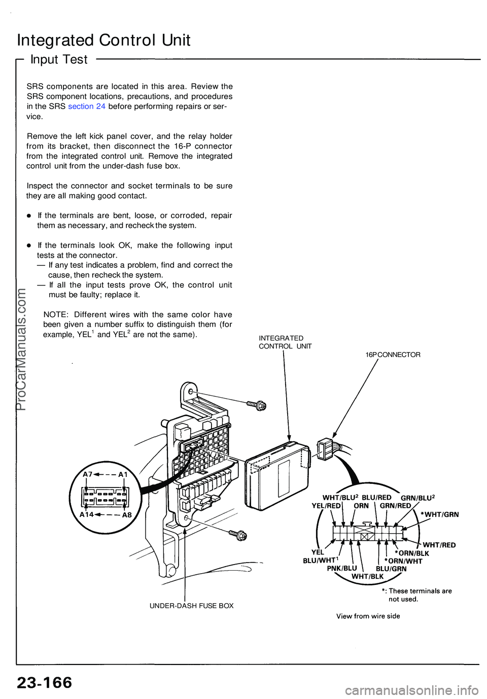 ACURA NSX 1997  Service Repair Manual Integrated Contro l Uni t
Inpu t Tes t
SRS component s ar e locate d i n thi s area . Revie w th e
SR S componen t locations , precautions , an d procedure s
i n  th e SR S sectio n 24  befor e perfor
