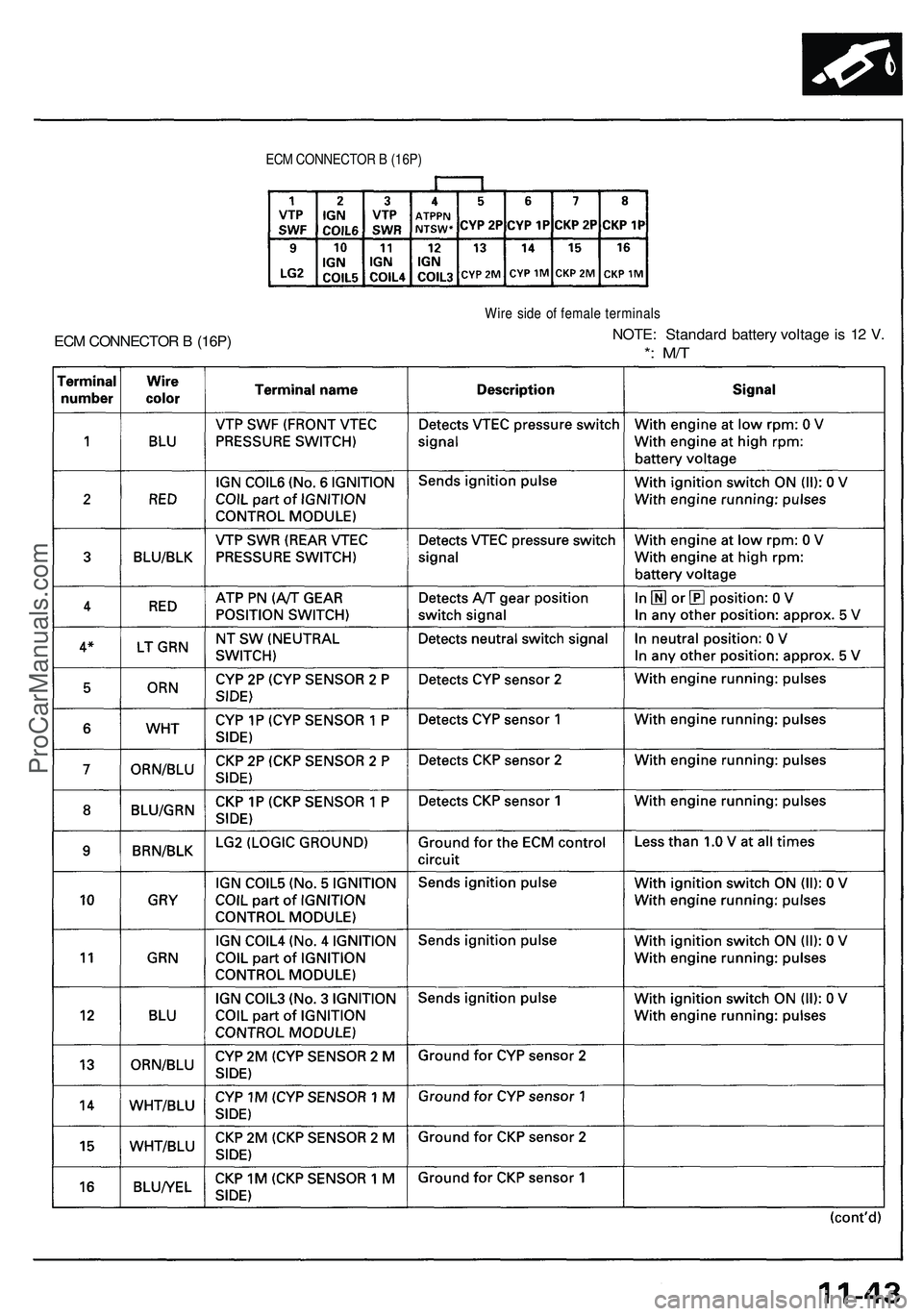ACURA NSX 1997  Service Repair Manual 
ECM CONNECTOR B (16P) 
Wire side of female terminals

NOTE: Standard battery voltage is 12 V.

*: M/T
ECM CONNECTOR B (16P)ProCarManuals.com 