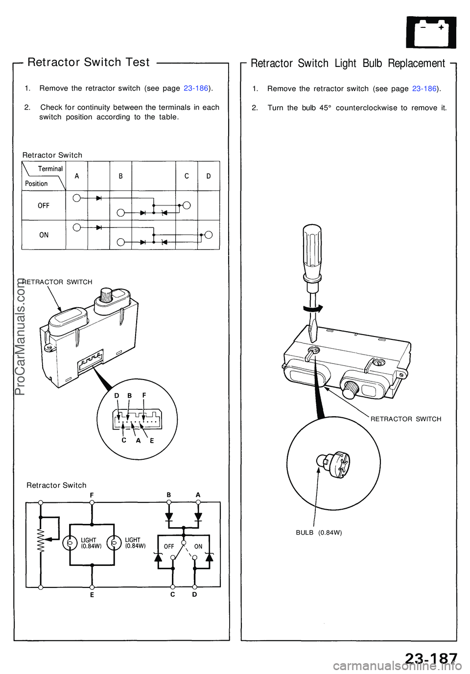 ACURA NSX 1997  Service Repair Manual Retractor Switc h Tes t
1. Remov e th e retracto r switc h (se e page  23-186 ).
2 . Chec k fo r continuit y betwee n th e terminal s i n eac h
switc h positio n accordin g t o th e table .
Retracto r