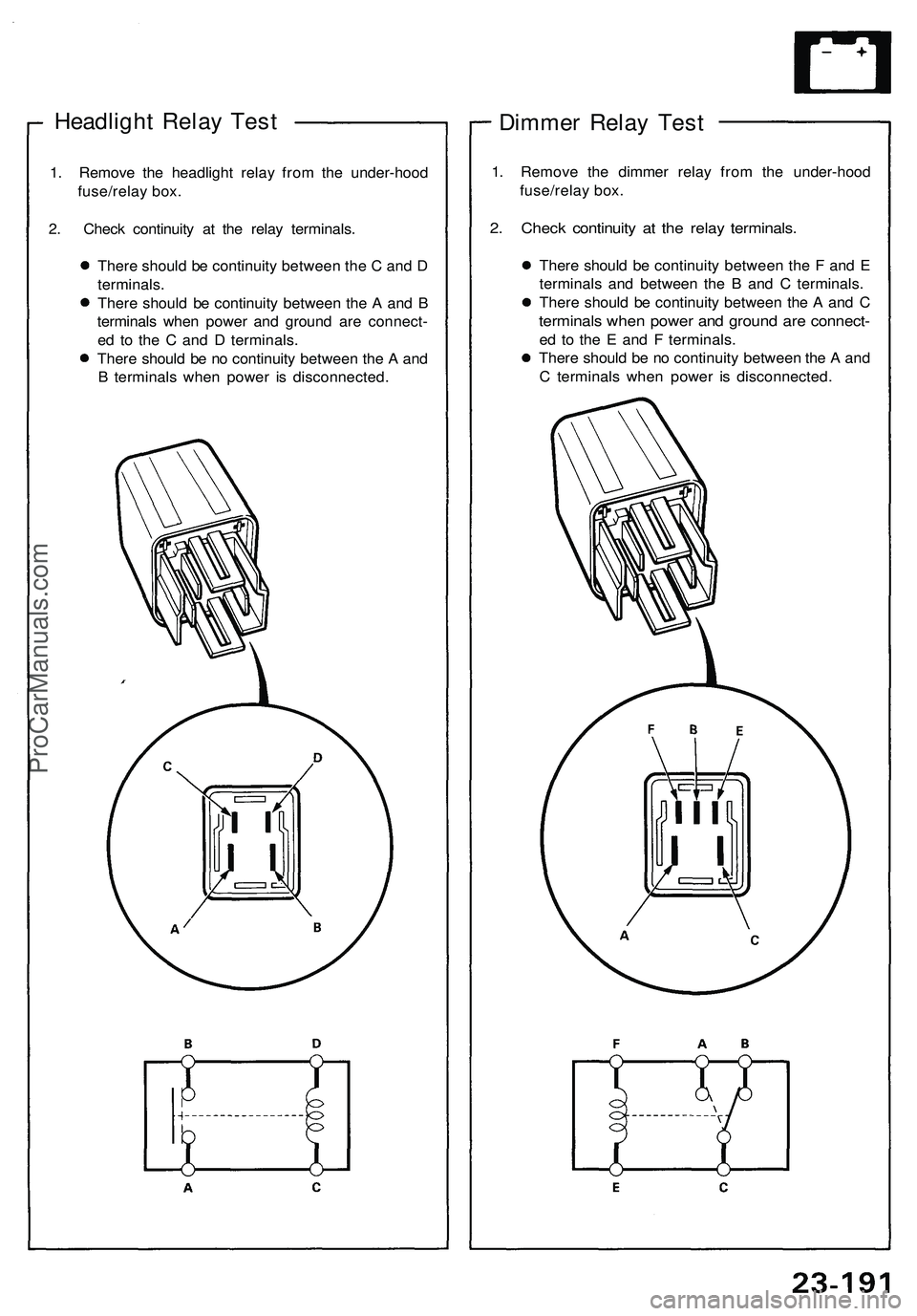ACURA NSX 1997  Service Repair Manual Headlight Rela y Tes t
1. Remov e th e headligh t rela y fro m th e under-hoo d
fuse/rela y box .
2 . Chec k continuit y a t th e rela y terminals .
Ther e shoul d b e continuit y betwee n th e C  an 