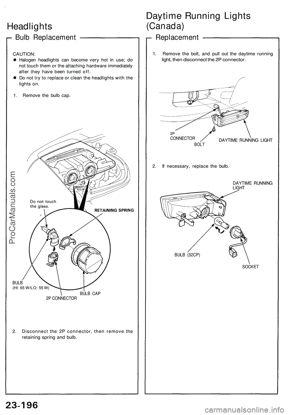 ACURA NSX 1997  Service Repair Manual 
Headlights

Bulb Replacement

CAUTION:

Halogen headlights can become very hot in use; do

not touch them or the attaching hardware immediately

after they have been turned off.

Do not try to replac