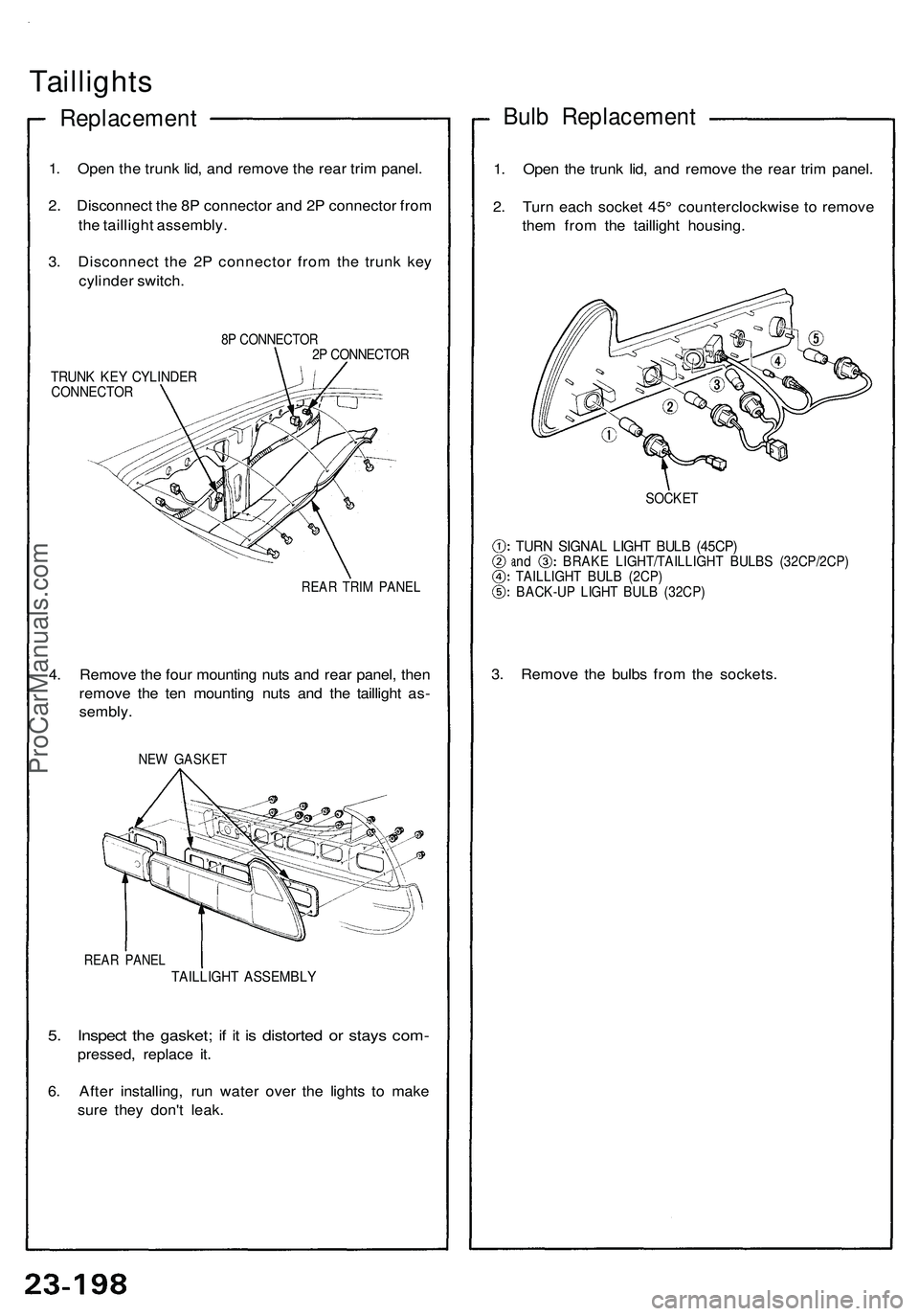 ACURA NSX 1997  Service Repair Manual 
Taillights

Replacement

1. Open the trunk lid, and remove the rear trim panel.

2. Disconnect the 8P connector and 2P connector from

the taillight assembly.

3. Disconnect the 2P connector from the