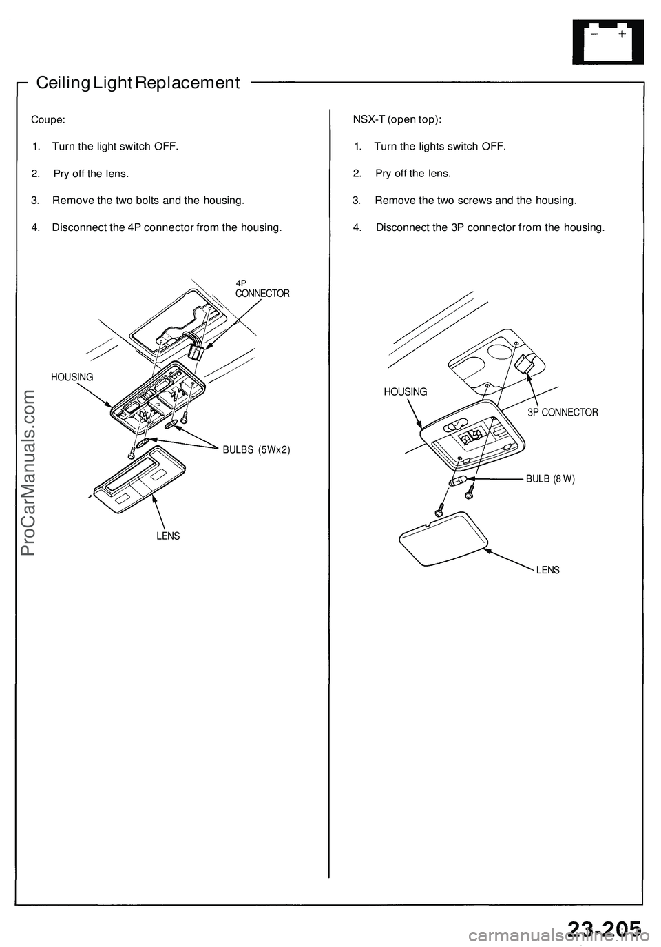 ACURA NSX 1997  Service Repair Manual 
Ceiling Light Replacement

Coupe:

1. Turn the light switch OFF.

2. Pry off the lens.

3. Remove the two bolts and the housing.

4. Disconnect the 4P connector from the housing.

4P

CONNECTOR

HOUS