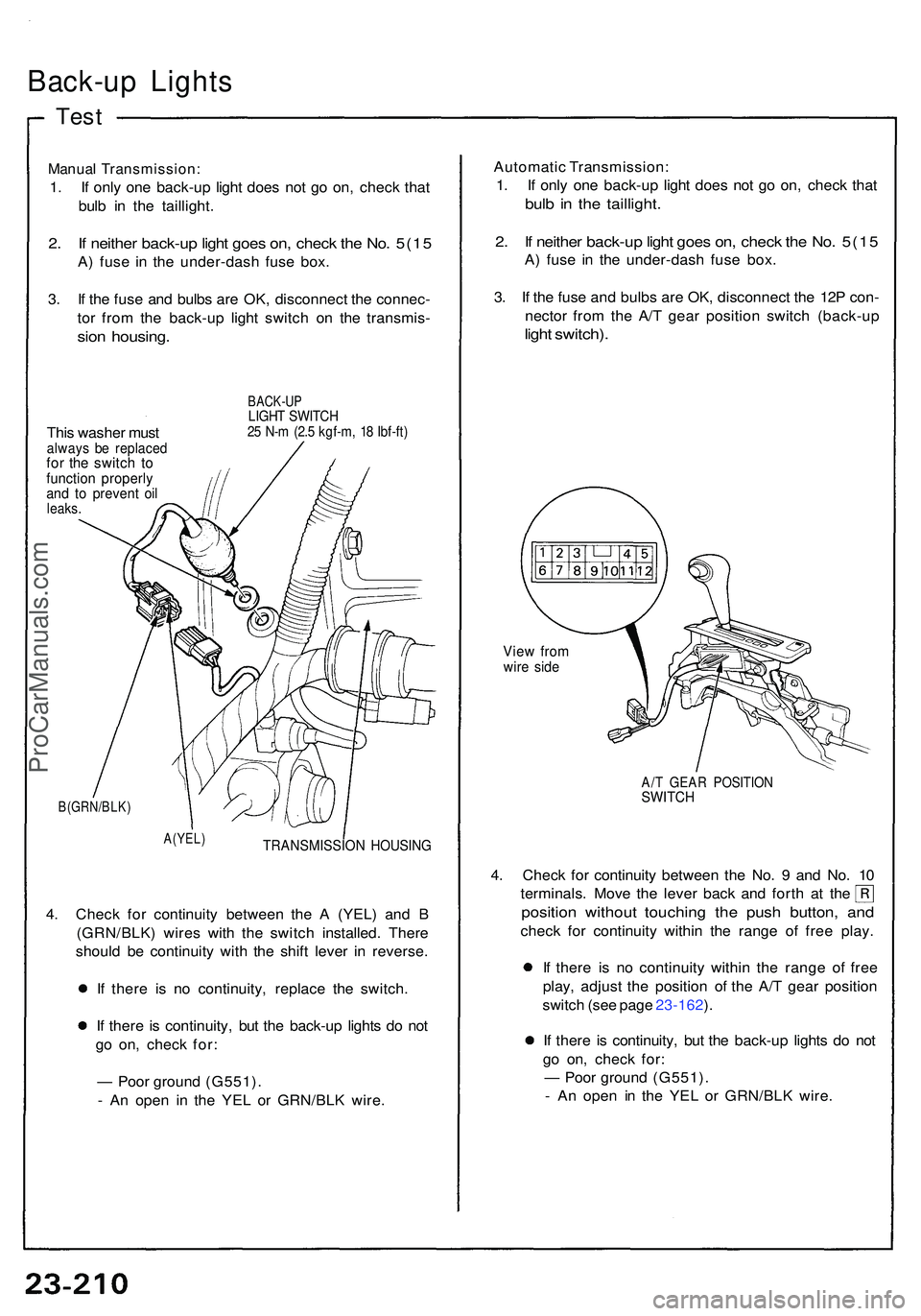 ACURA NSX 1997  Service Repair Manual Back-up Light s
Test
Manua l Transmission :
1. I f onl y on e back-u p ligh t doe s no t g o on , chec k tha t
bul b i n th e taillight .
2. I f neithe r back-u p ligh t goe s on , chec k th e No . 5(