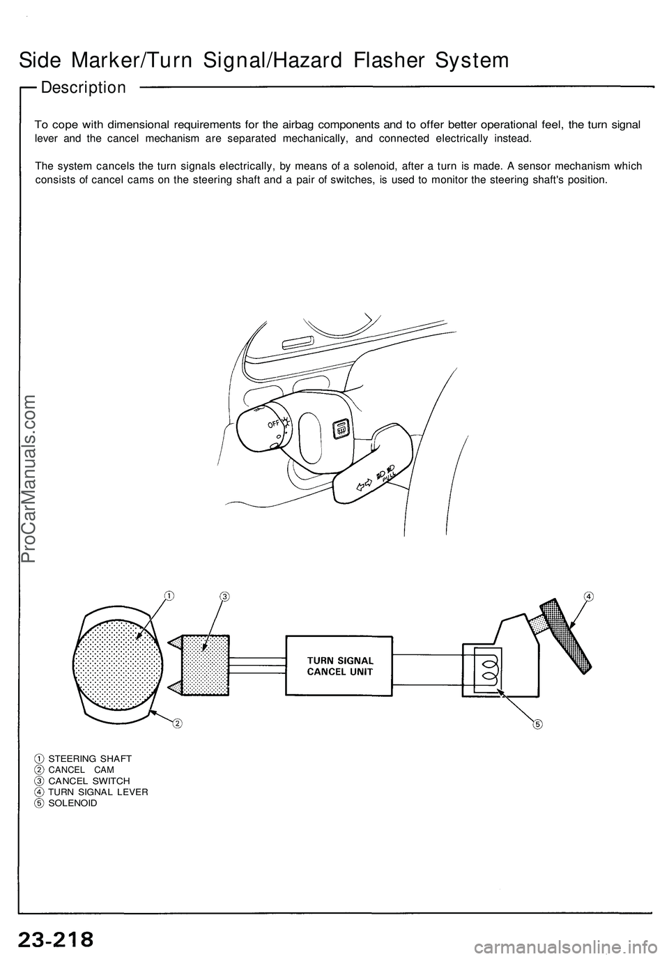 ACURA NSX 1997 Service Repair Manual
Side Marker/Turn Signal/Hazard Flasher System
Description
To cope with dimensional requirements for the airbag components and to offer better operational feel, the turn signal
lever and the cancel ACURA NSX 1997 Service Repair Manual
Side Marker/Turn Signal/Hazard Flasher System
Description
To cope with dimensional requirements for the airbag components and to offer better operational feel, the turn signal
lever and the cancel