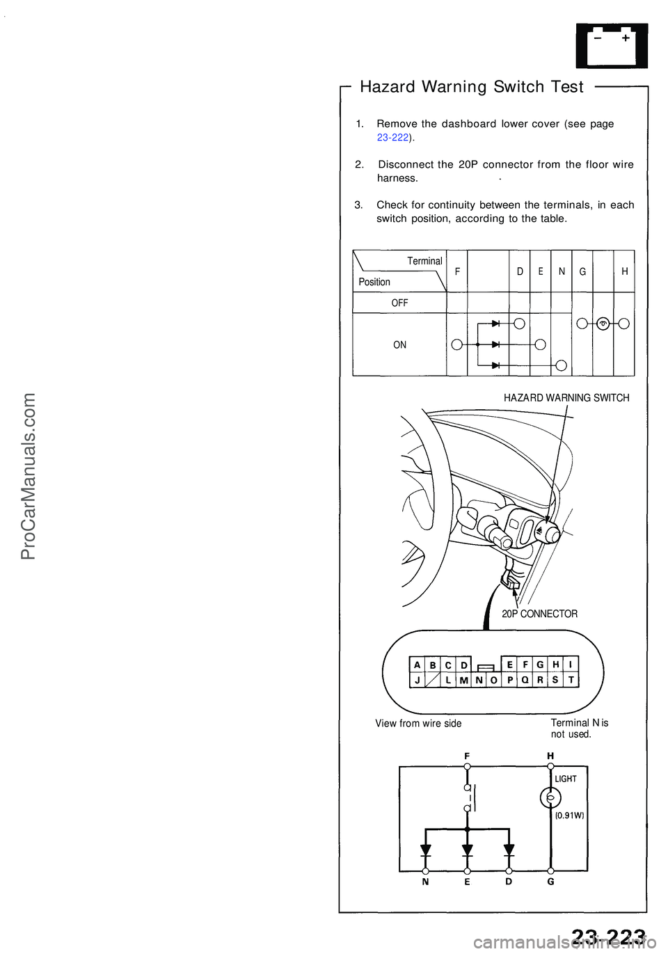 ACURA NSX 1997  Service Repair Manual Hazard Warnin g Switc h Tes t
1. Remov e th e dashboar d lowe r cove r (se e pag e 
23-222 ).
2 . Disconnec t th e 20 P connecto r fro m th e floo r wir e
harness .
3. Chec k fo r continuit y betwee n