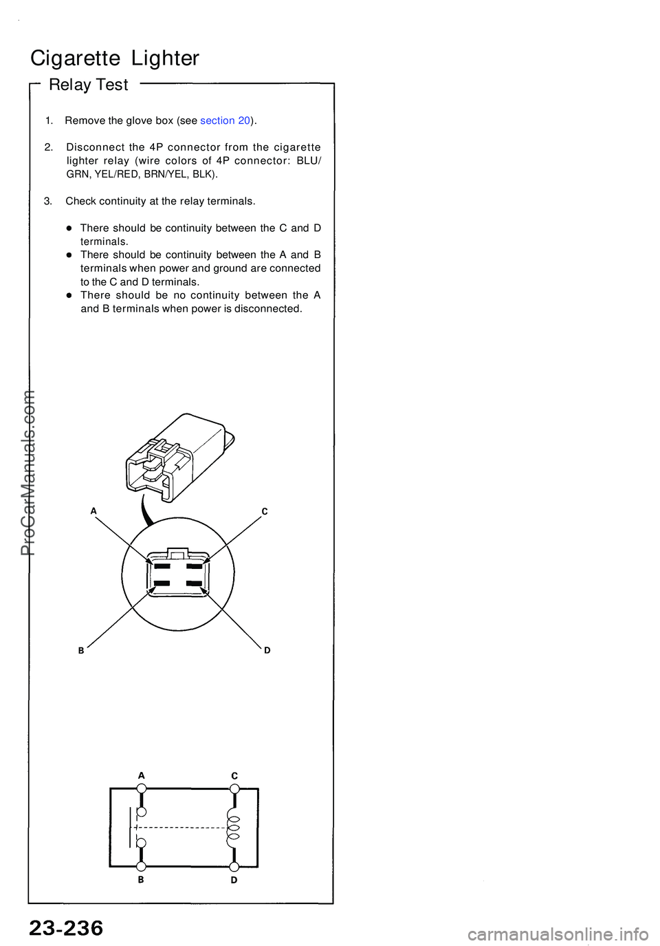 ACURA NSX 1997 Service Repair Manual 1. Remov e th e glov e bo x (se e sectio n 20 ).
2 . Disconnec t th e 4 P connecto r fro m th e cigarett e
lighte r rela y (wir e color s of 4P connector : BLU /
GRN, YEL/RED , BRN/YEL , BLK) .
3. Ch ACURA NSX 1997 Service Repair Manual 1. Remov e th e glov e bo x (se e sectio n 20 ).
2 . Disconnec t th e 4 P connecto r fro m th e cigarett e
lighte r rela y (wir e color s of 4P connector : BLU /
GRN, YEL/RED , BRN/YEL , BLK) .
3. Ch