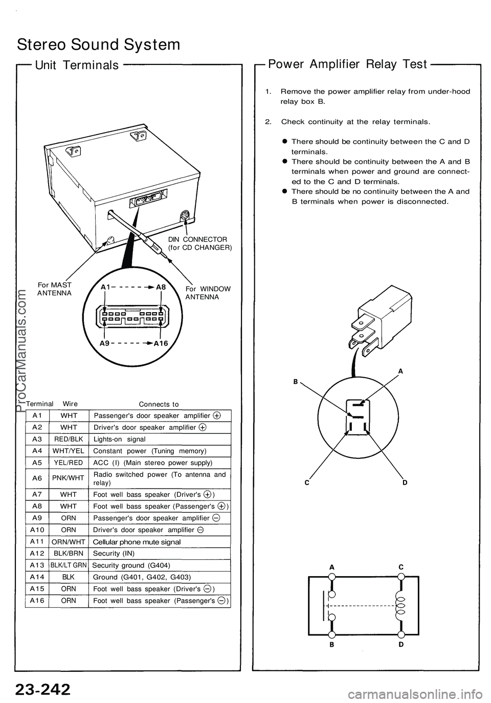 ACURA NSX 1997 Service Repair Manual
Stereo Sound System
Unit Terminals
For MAST
ANTENNA
DIN CONNECTOR
(for CD CHANGER)
For WINDOW
ANTENNA
Terminal Wire
Connects to
A1
A2
A3
A4
A5
A6
A7
A8
A9
A10
A11
A12
A13
A14
ACURA NSX 1997 Service Repair Manual
Stereo Sound System
Unit Terminals
For MAST
ANTENNA
DIN CONNECTOR
(for CD CHANGER)
For WINDOW
ANTENNA
Terminal Wire
Connects to
A1
A2
A3
A4
A5
A6
A7
A8
A9
A10
A11
A12
A13
A14