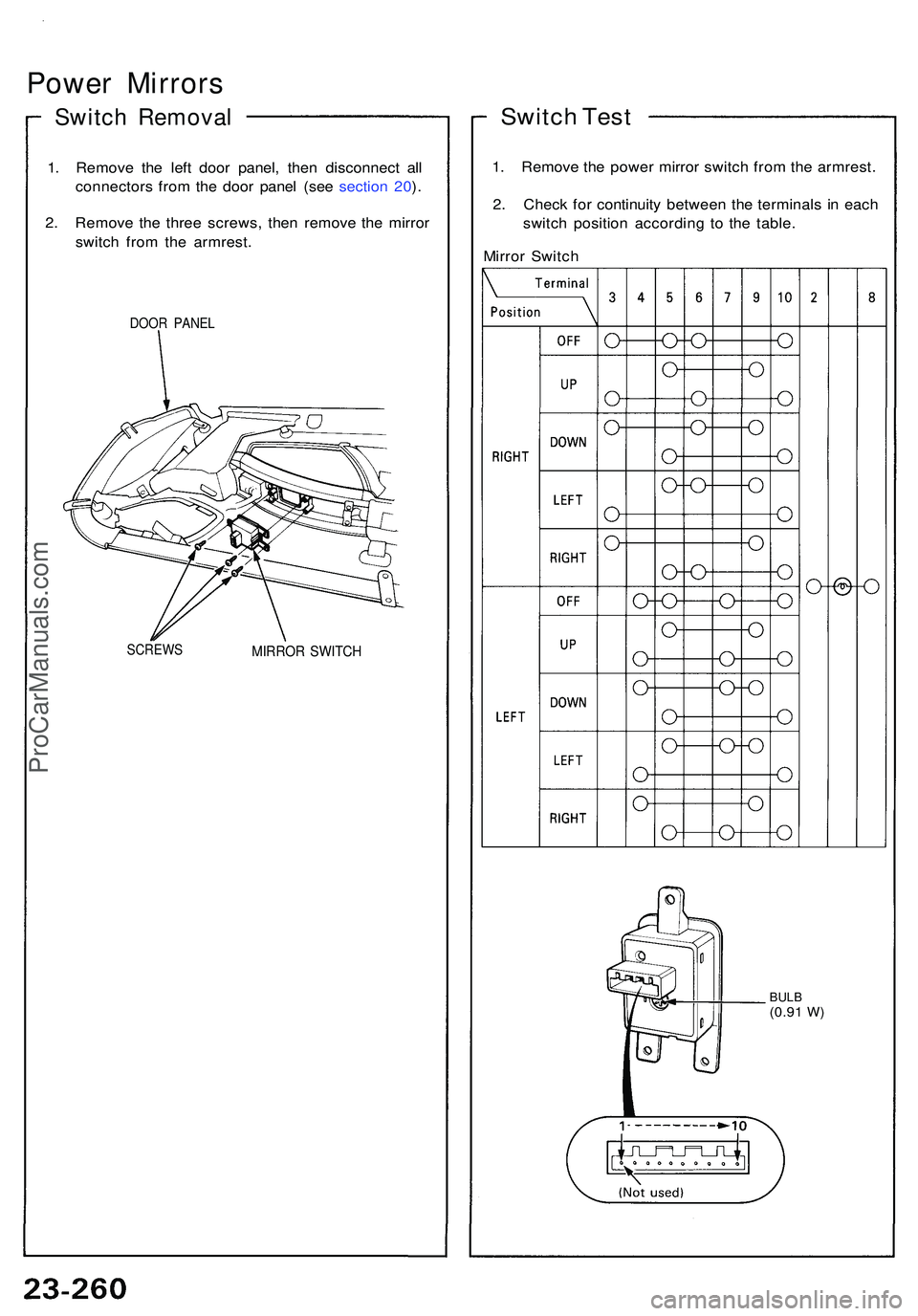 ACURA NSX 1997 Service Repair Manual Power Mirror s
Switch Remova l
1. Remov e th e lef t doo r panel , the n disconnec t al l
connector s fro m th e doo r pane l (se e sectio n 20 ).
2 . Remov e th e thre e screws , the n remov e th e m ACURA NSX 1997 Service Repair Manual Power Mirror s
Switch Remova l
1. Remov e th e lef t doo r panel , the n disconnec t al l
connector s fro m th e doo r pane l (se e sectio n 20 ).
2 . Remov e th e thre e screws , the n remov e th e m