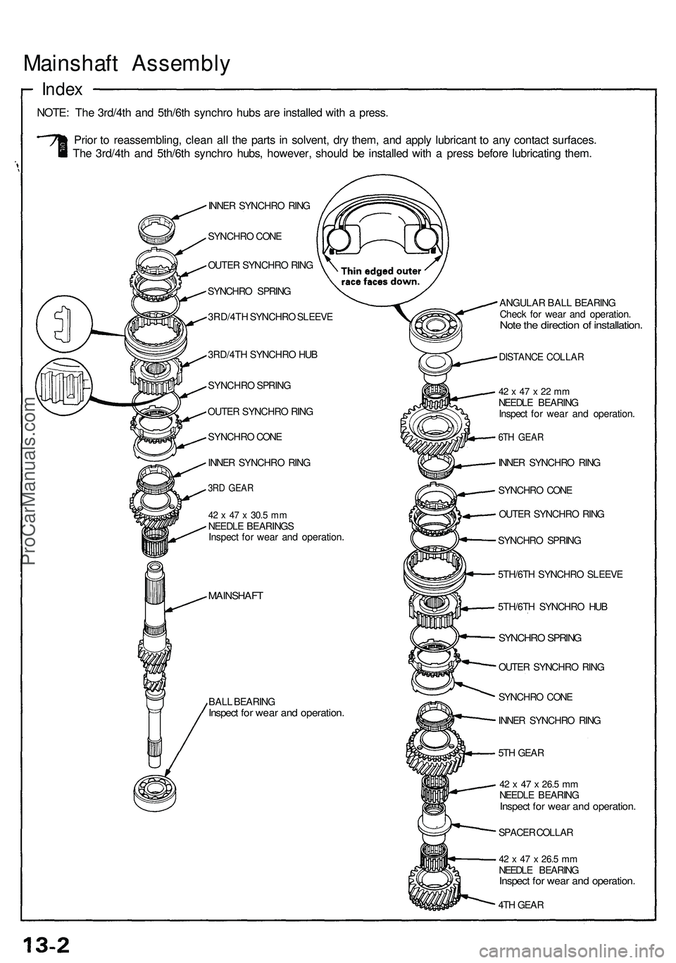 ACURA NSX 1997 Service Repair Manual Mainshaft Assembl y
Index
NOTE : Th e 3rd/4t h an d 5th/6t h synchr o hub s ar e installe d wit h a press .
Prio r t o reassembling , clea n al l th e part s i n solvent , dr y them , an d appl y l ACURA NSX 1997 Service Repair Manual Mainshaft Assembl y
Index
NOTE : Th e 3rd/4t h an d 5th/6t h synchr o hub s ar e installe d wit h a press .
Prio r t o reassembling , clea n al l th e part s i n solvent , dr y them , an d appl y l