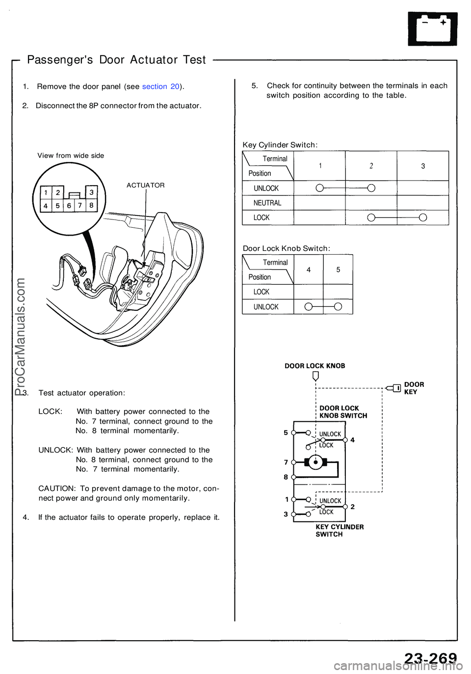 ACURA NSX 1997 Service Repair Manual Passenger's Doo r Actuato r Tes t
1. Remov e th e doo r pane l (se e sectio n 20 ).
2 . Disconnec t th e 8 P connecto r fro m th e actuator . 5
. Chec k fo r continuit y betwee n th e terminal s i ACURA NSX 1997 Service Repair Manual Passenger's Doo r Actuato r Tes t
1. Remov e th e doo r pane l (se e sectio n 20 ).
2 . Disconnec t th e 8 P connecto r fro m th e actuator . 5
. Chec k fo r continuit y betwee n th e terminal s i
